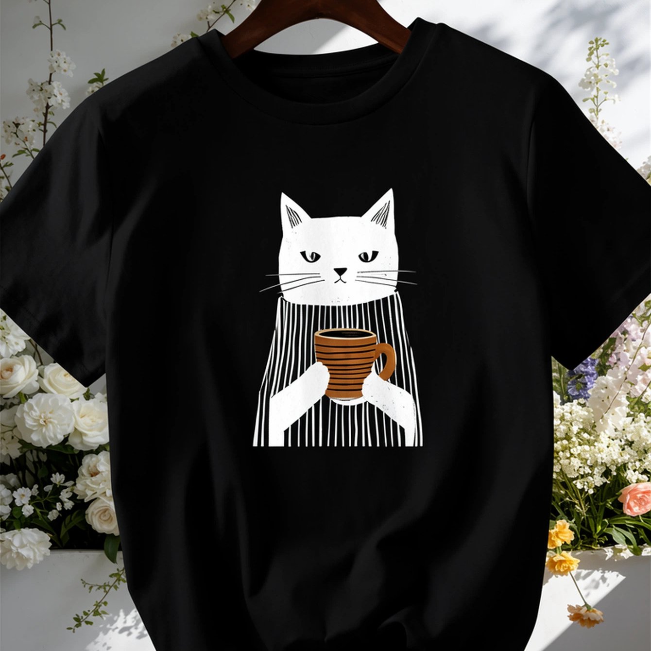 Image of Vintage Black Cat Coffee Pure Short-sleeve T-shirt For Women, Figure-flattering, Covering , Suitable For Petite Figures To Look , Regular Shoulder Fit, Versatile For Commuting
