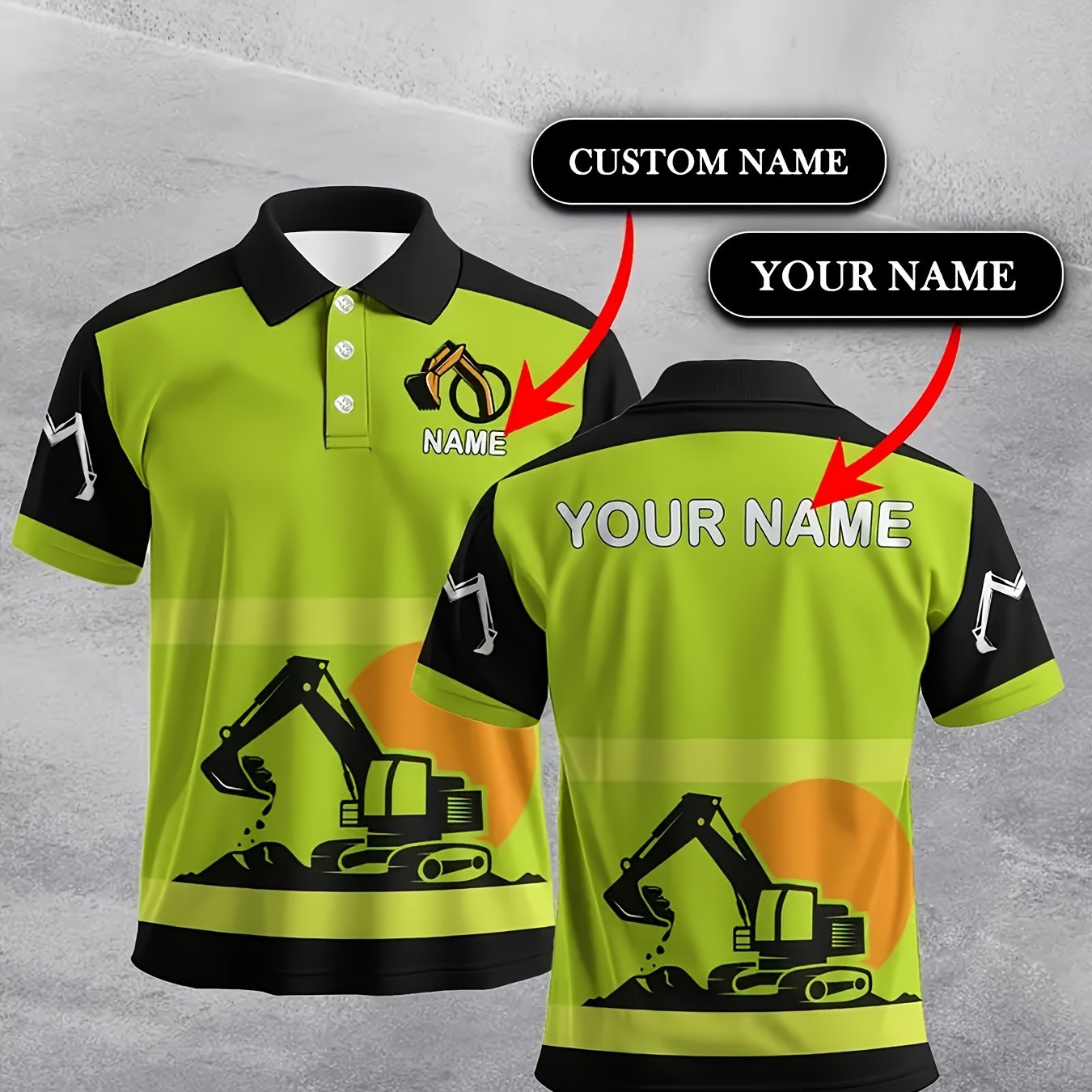 TEMU Customizable Men's Excavator-themed Shirt With And Personalized Text/name - Breathable Collar, Machine Washable, Team Uniform, Excavator-themed