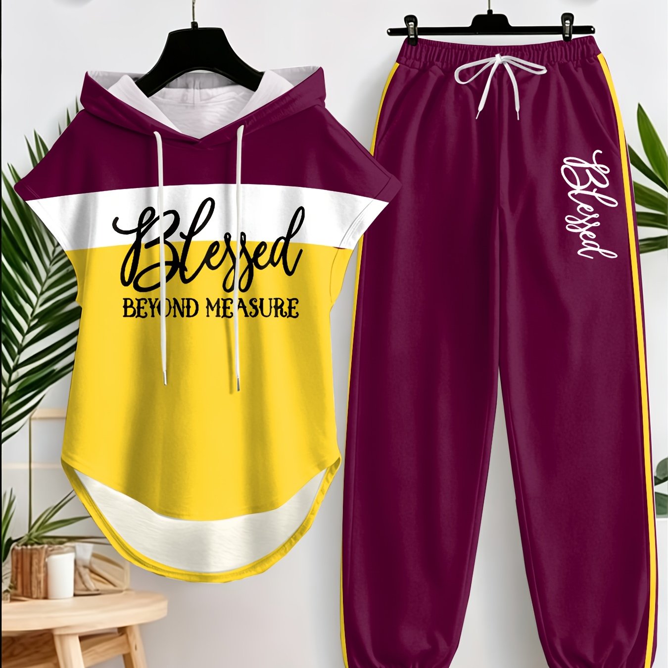 Image of Women's Fashion Suit, Blessed Letter Color-blocking Printed Batwing Sleeve Drawstring Hooded Sweatshirt With Contrasting Striped Jogger Pants 2pcs Set, Suitable For Daily Casual