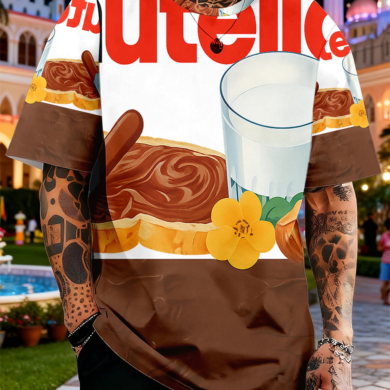 TEMU [print Design - Non-textured] Plus Size Off-shoulder Short Sleeve Round Neck T-shirt, Chocolate Toast Print Short Sleeve - Breathable Soft Round
