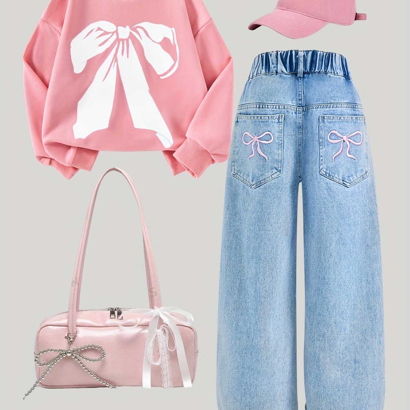 A Outfit Set, Featuring a Stylish Hoodie with a * Pattern And Embroidered Jeans with a Bow, Embodies Street Fashion And *, Suitable for *, Providing a * for * Occasions, for Outdoor