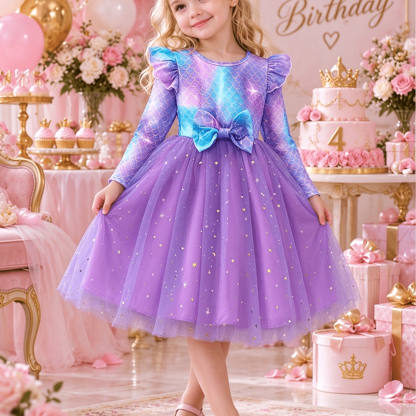 Image of Valentine's Day Girls' Tulle Dress, Long Sleeve A-line Dress With Bow Detail, Sequined Mesh , Fish Scale Print Fashion Mermaid Style Dress, Mesh Skirt Trendy, Girls' Birthday Dress, Autumn Wear