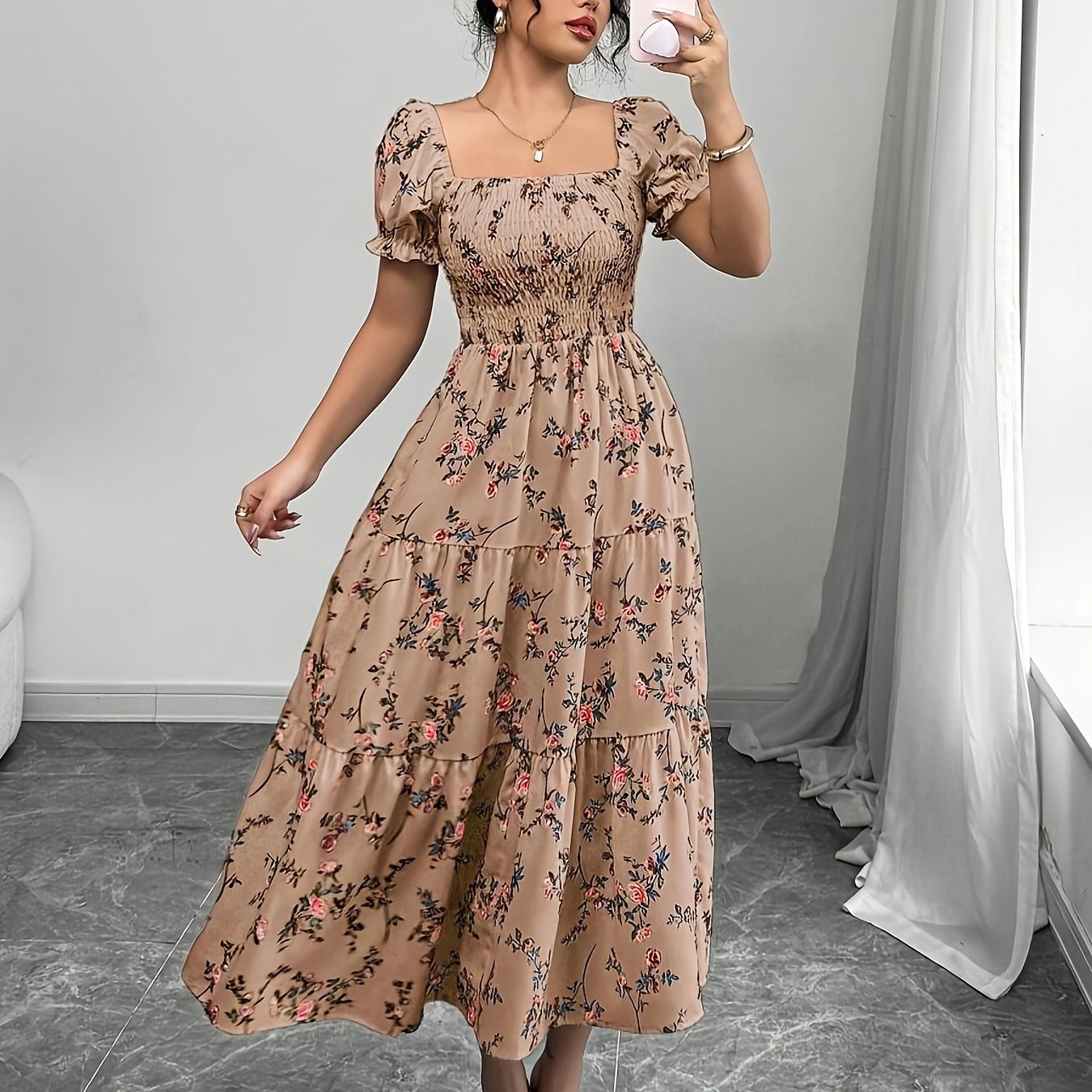 TEMU Women' Neck Short Sleeve Hem Maxi Dress With Small Floral Print, Suitable For Casual Daily Wear, Work, Travel, Beach, Bohemian Style, Western