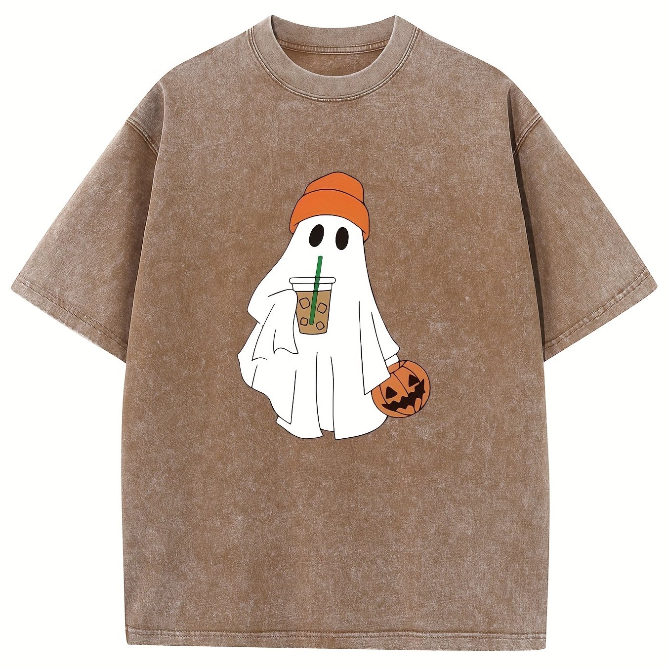 TEMU Men' Halloween Graphic T-shirt - Soft Cotton, Drop Shoulder Sleeves, Round Neck, Casual Summer Tee With Pumpkin & Coffee Cup Design