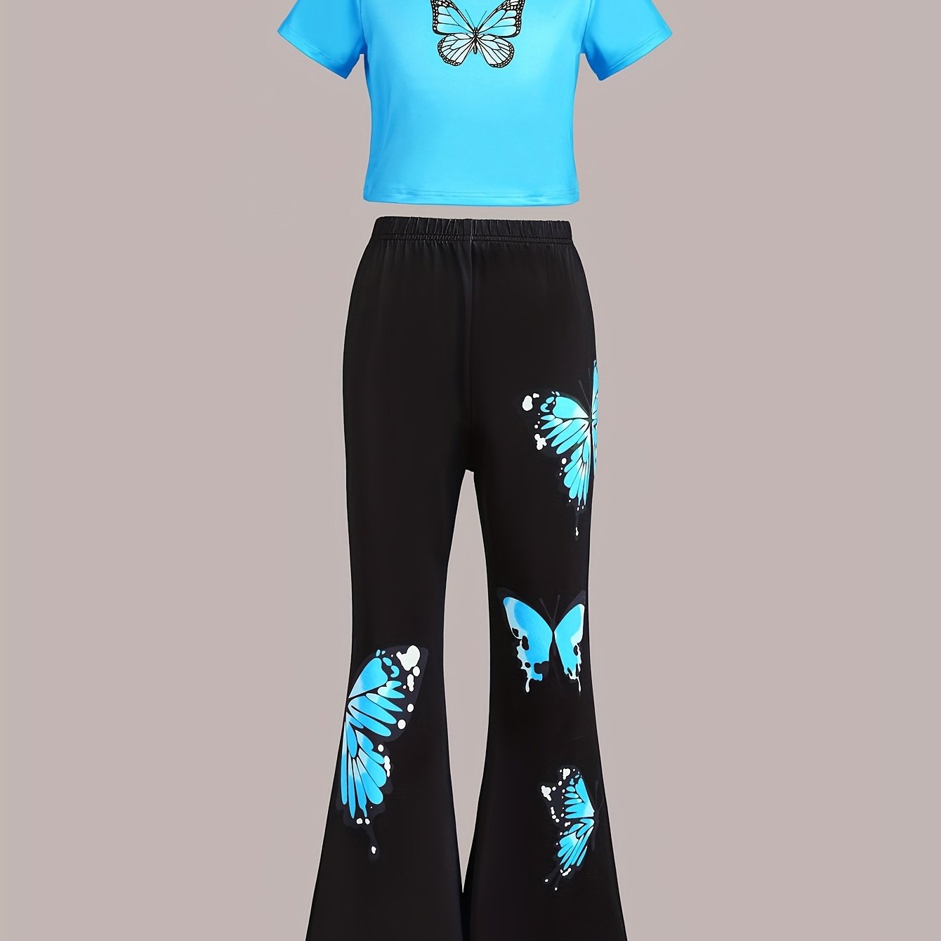 120-170 Girls' Positioning Print Short Round Neck Short T-shirt Top, Pattern Positioning Print Slim Flared Long Pants, Two-piece Set, Spring, Summer And Autumn Casual Fashion Outdoor Wear, For Outdoor