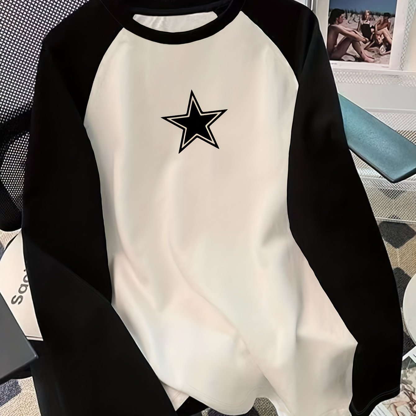 TEMU Fashionable Casual Korean Alphabet Pattern Top, Loose Color-blocking Versatile Long Sleeves, Spring And Autumn, Women's Clothing.