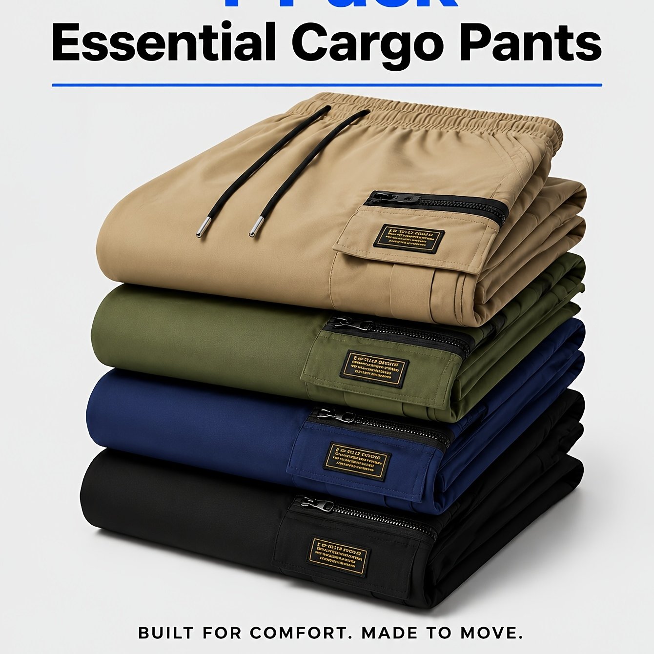 TEMU 4pcs, Men's Cargo Long Pants, Multi Pocket, Loose Straight Leg, Elastic Drawstring Waist, Workwear, Outdoor, Holiday Gift, Thanksgiving,