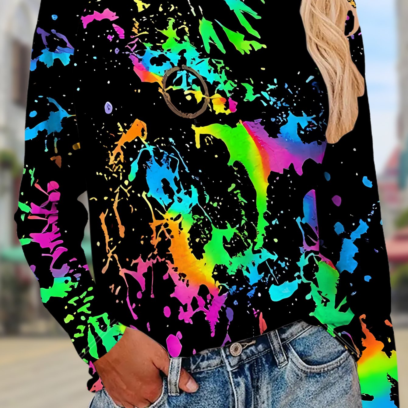 TEMU Women's Long-sleeve T-shirt With Fluorescent Splash Print - With Neon,, & Vertical Body - Casual Round Neck Blouse, Machine Washable Spring/fall