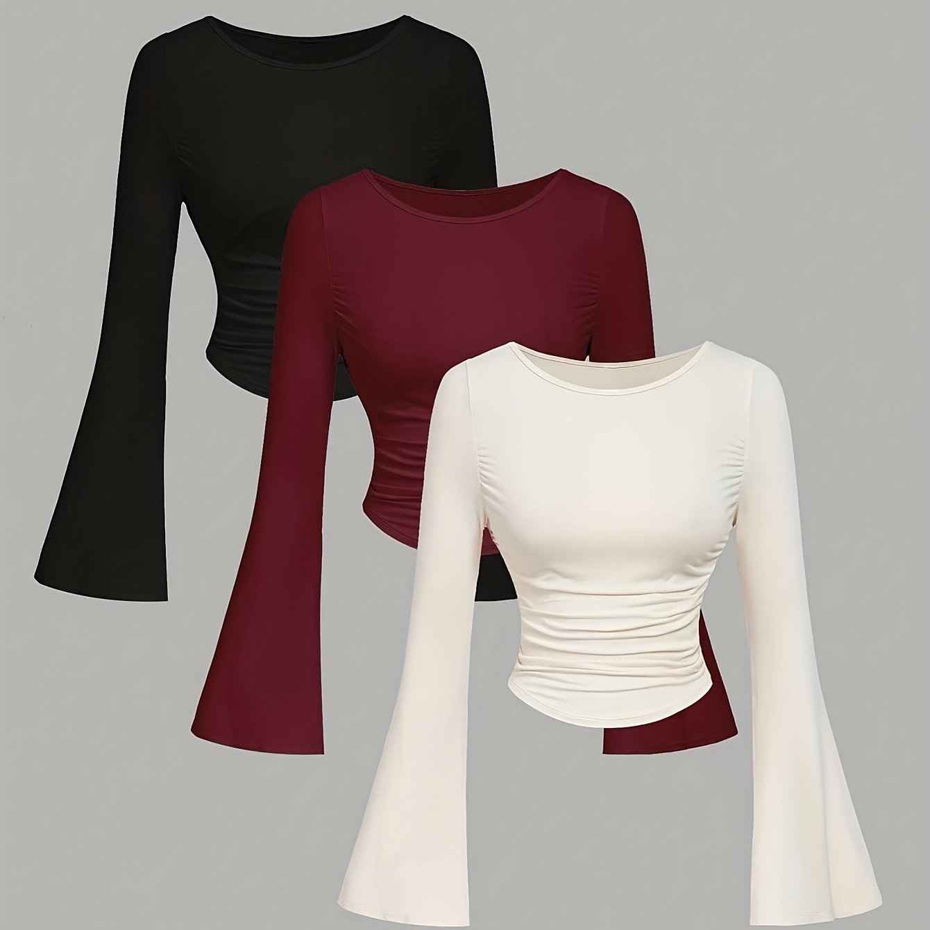 3pcs Women' Flare Sleeve Ruched T-shirt Set, Casual Top, Holiday Women's Outfit, Long Sleeve Short Top, Fall Winter Women's Set, Back To, Country Concert Outfit, Halloween