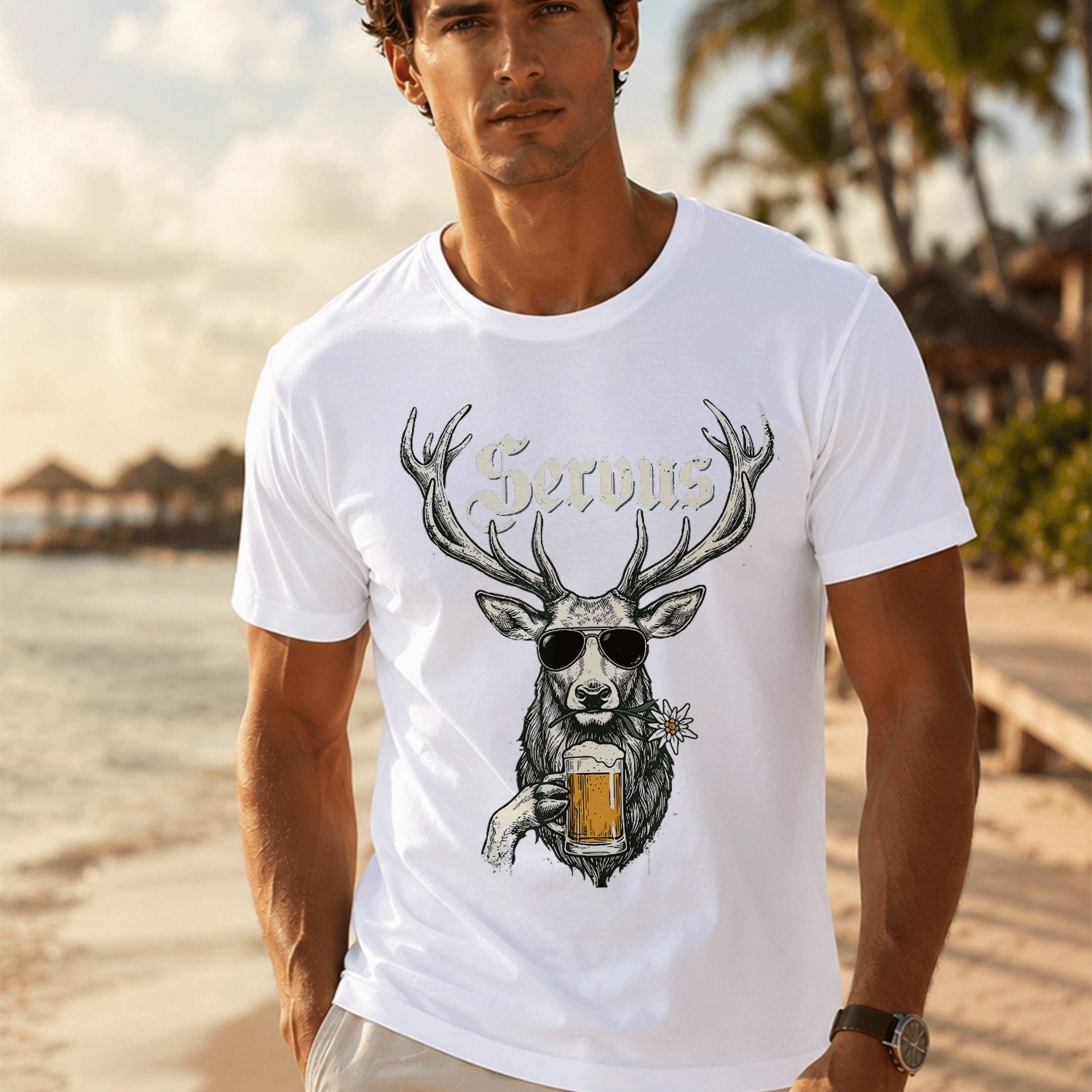 Servus Hirsch Bier Tracht Lustig Bayern Trachten T-shirt For Men Summer Casual T-shirt- Lightweight Tee For Seaside Vacation, Beach Resort