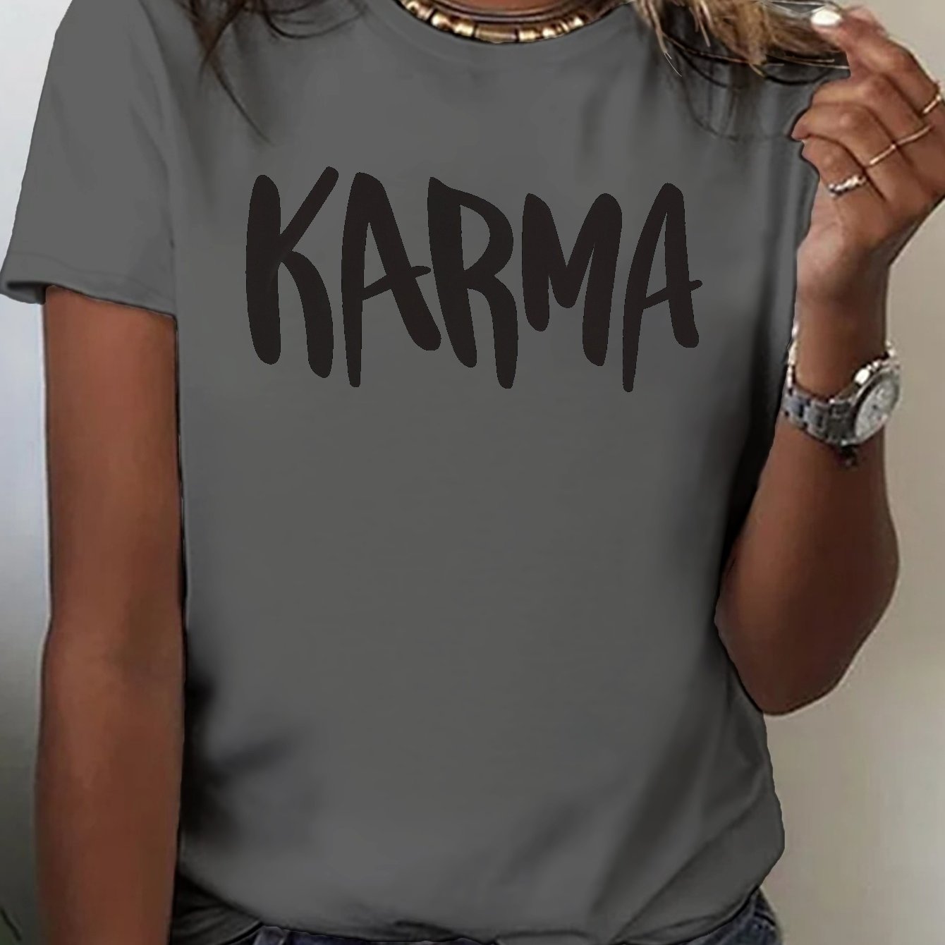 Image of 1pc Women's Casual Polyester T-shirt With Geometric Karma Print, Crew Neck Short Sleeve Top For , Regular Fabric Tee