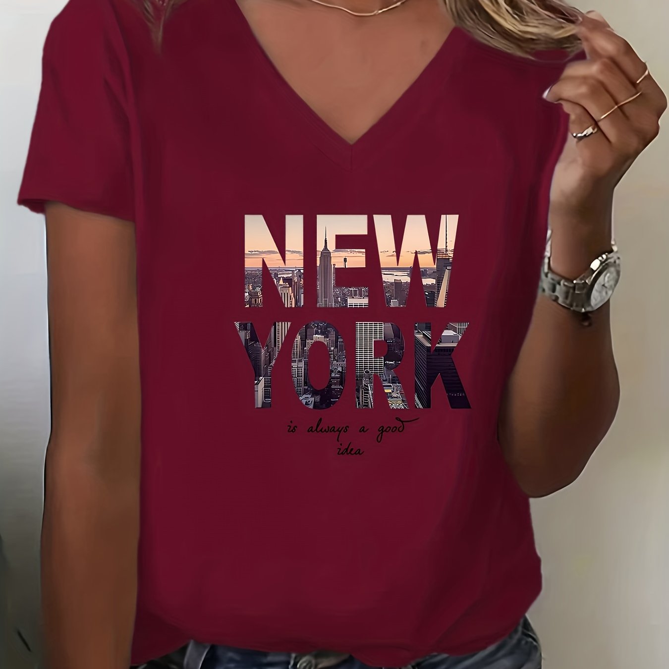 TEMU Women's City T-shirt - Features '', Lightweight V-neck Top, Wear And Travel - Machine Washable Nyc Graphic Shirt