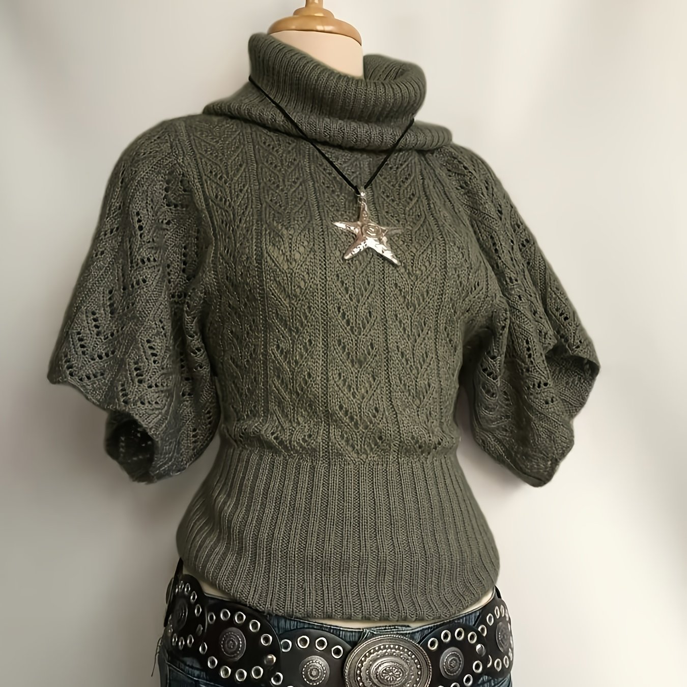 E-shop Y2K Pullover Damen Mode-Top Pullover, eleganter lässiger Stoff-Kurzarm, heißer, , gerippter, durchbrochener grauer Damenpullover für den Winter,