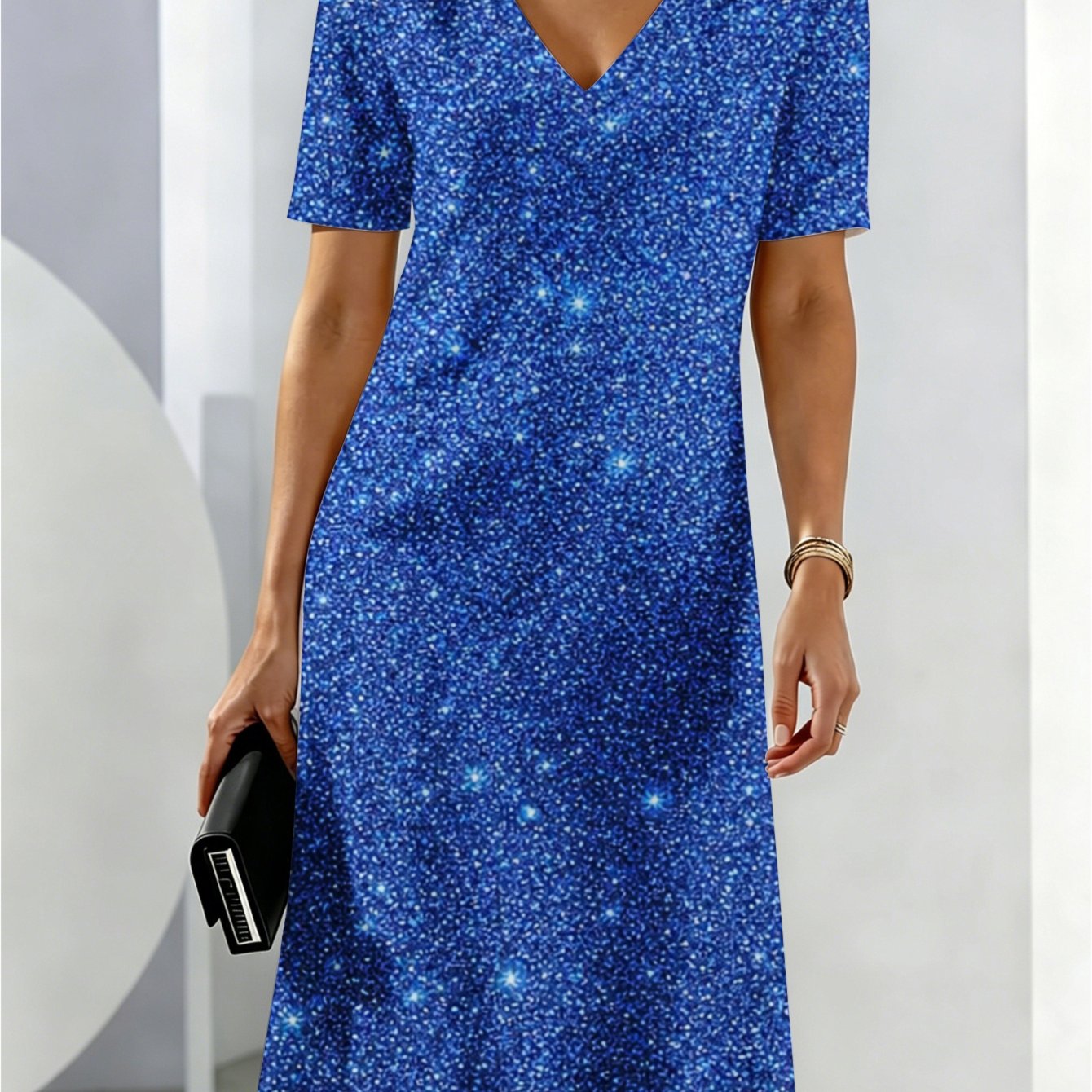 Image of Women's Summer Dresses Blue Sparkle Pattern Breathable And Comfortable Summer Wear Deep V-neck Cool And Breathable For Her