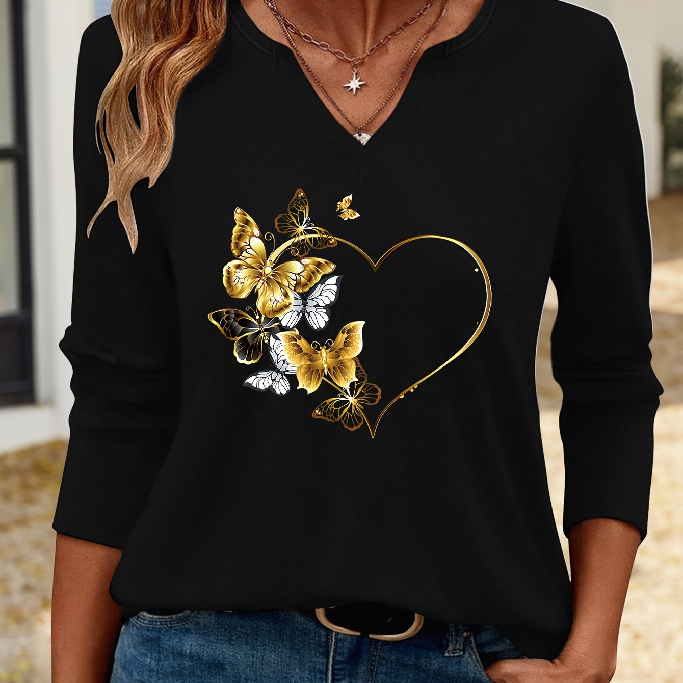 TEMU Heart Pattern Print V-neck 3/4 Sleeve 8514