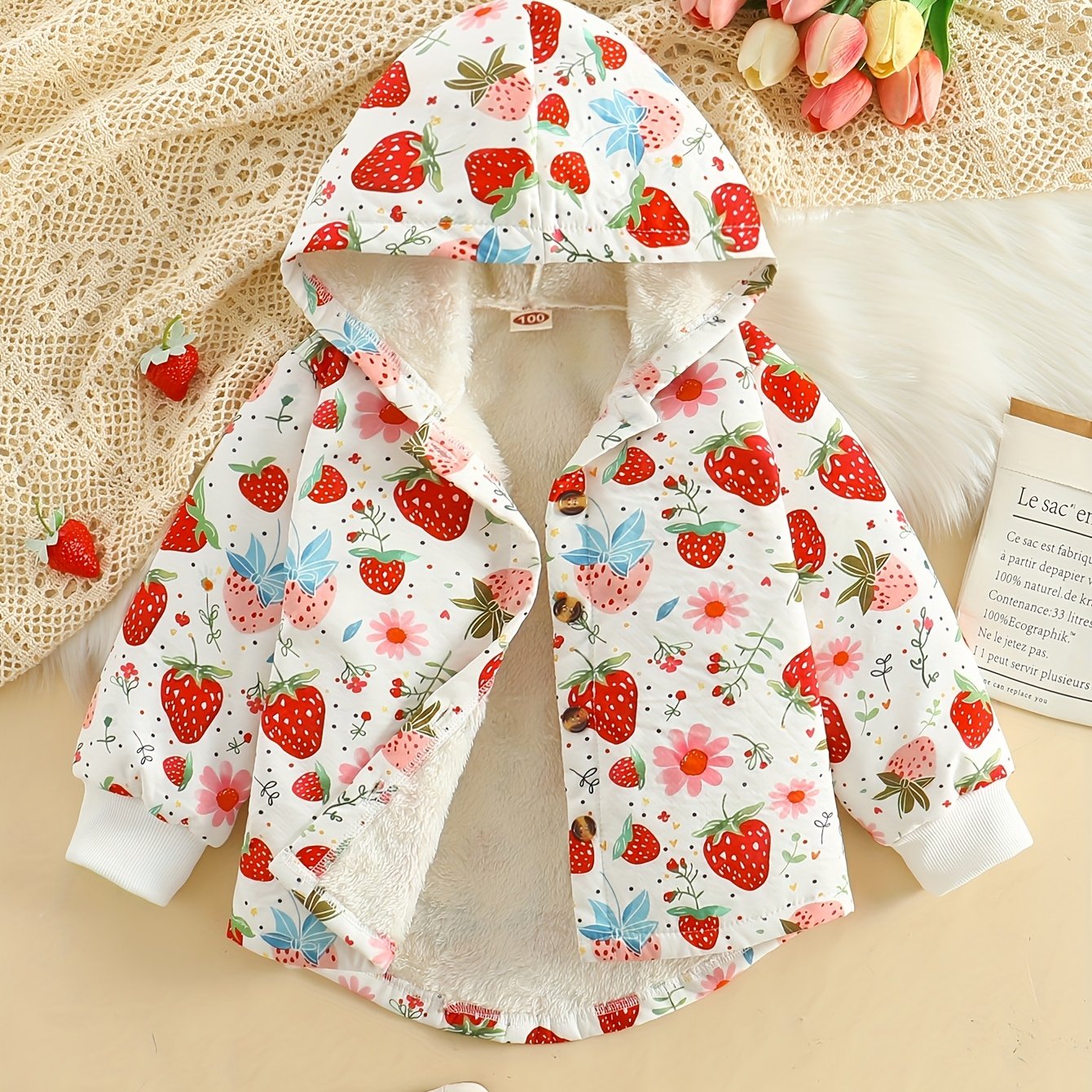 Strawberry Print Fuzzy Hooded Autumn/winter Jacket