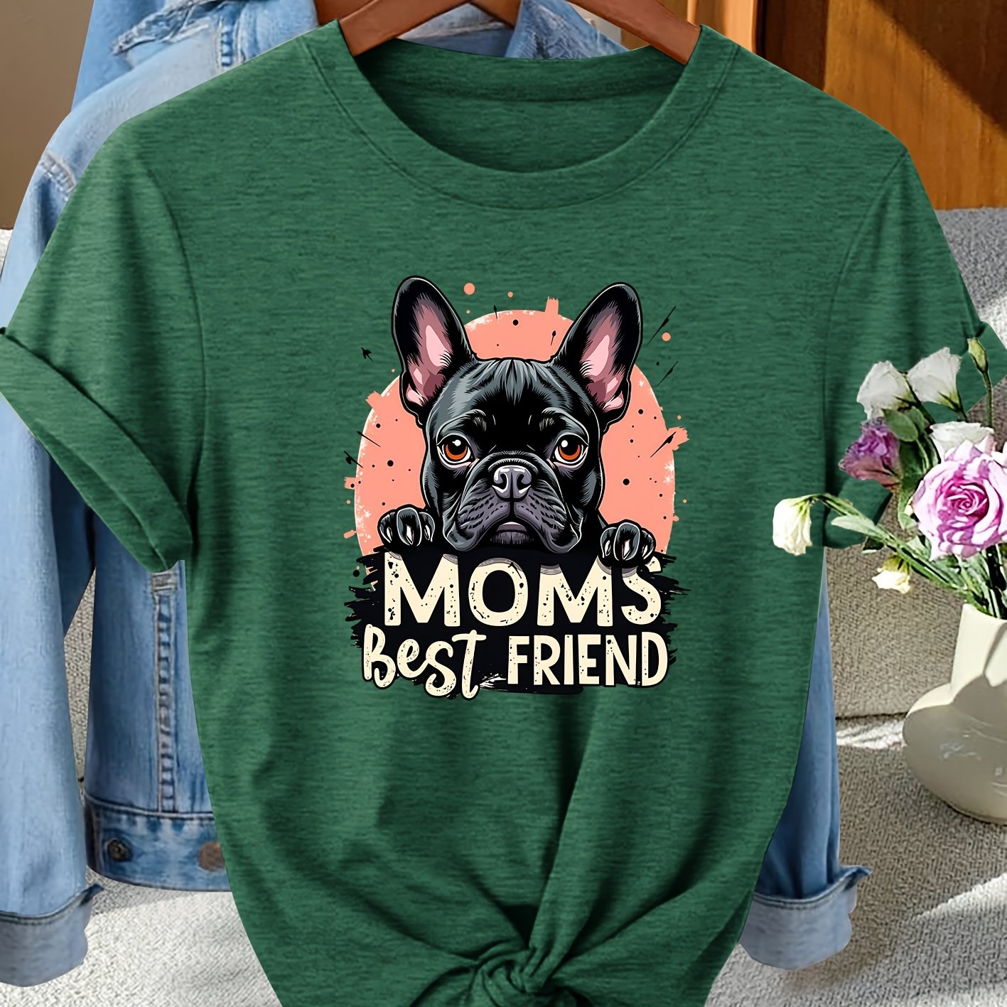 TEMU Ladies' Casual Sports T-shirt Featuring A French Bulldog Print, Perfect For Moms . This Short-sleeve Round-neck Tee Is Stylish And Suitable For