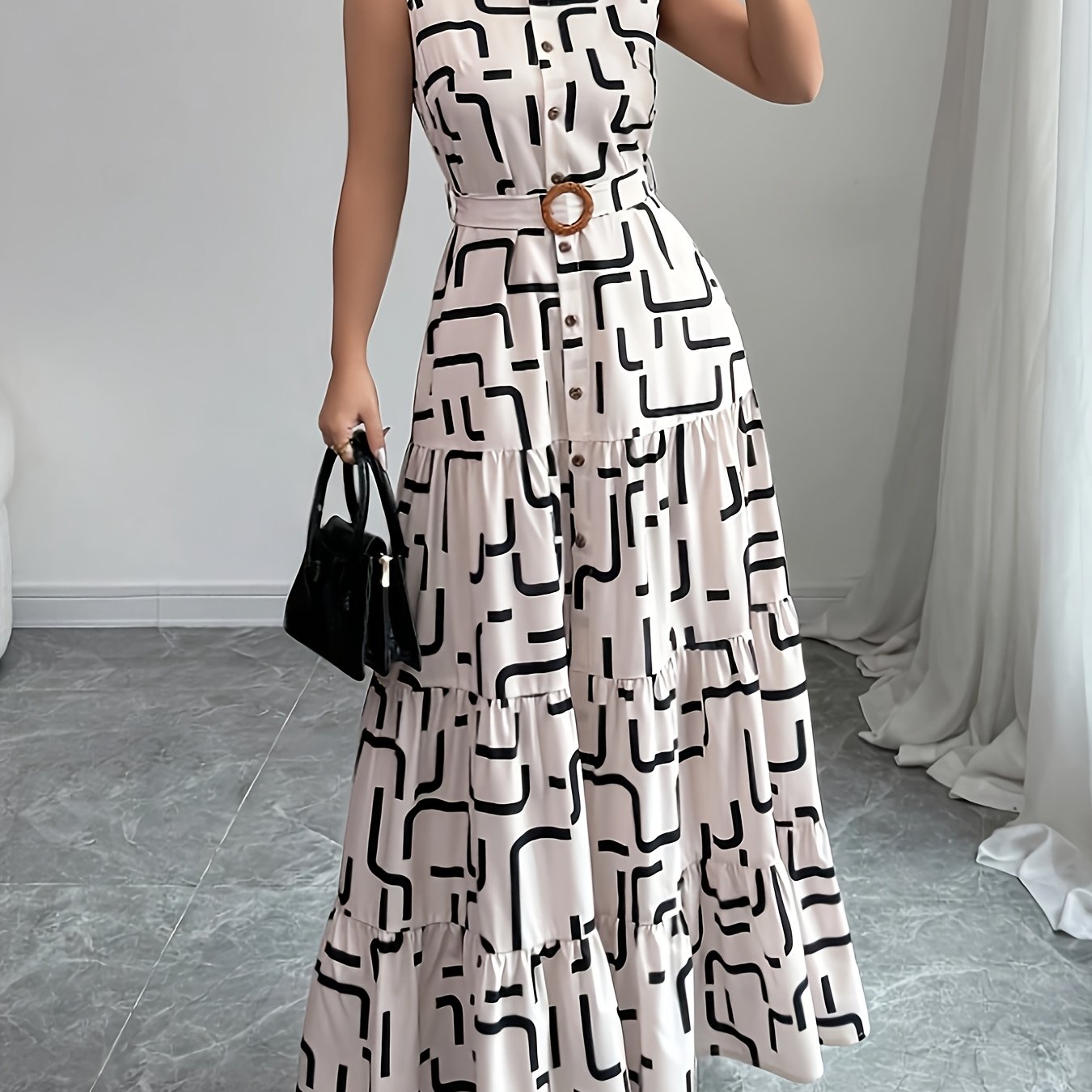 E-shop Elegantes Damen-Maxikleid mit geometrischem Muster, Knopfleiste Bindegürtel, vielseitiges ärmelloses Reverskleid für Frühling/Sommer,