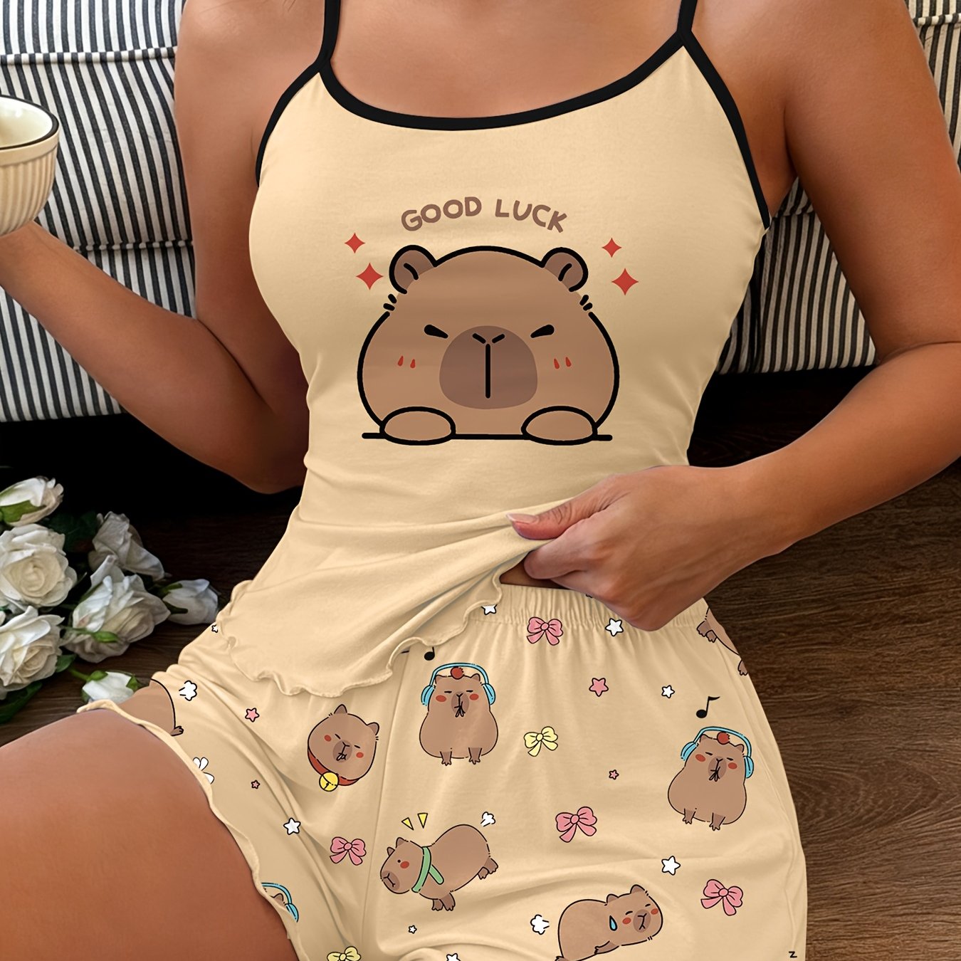 Image of Women's Capybara "good Luck" Print Camisole And Cartoon Capybara Lace Shorts Pajama Set