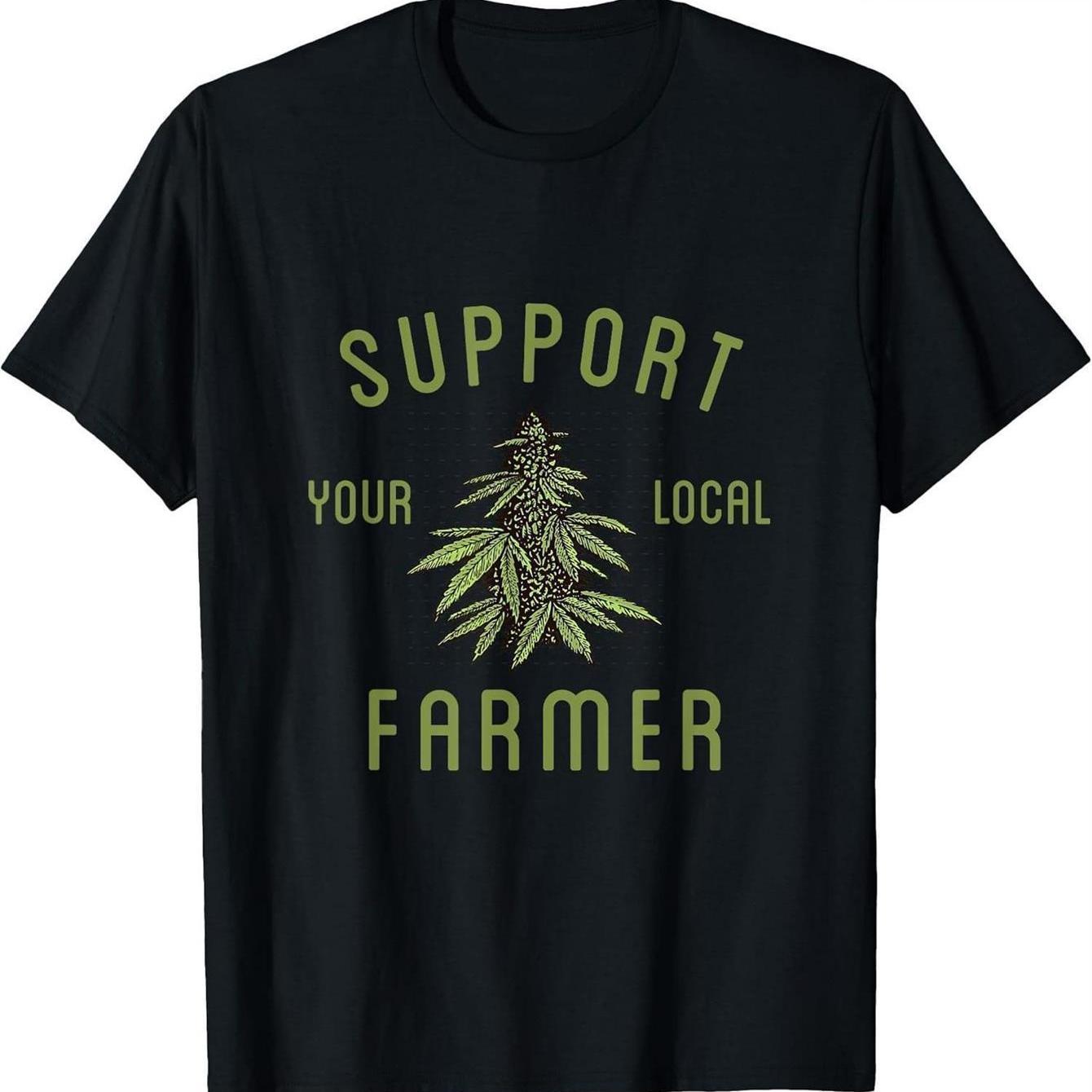 TEMU Men's Support Local T-shirt - Soft Breathable 100% Cotton, Loose Size, Black With Green Leaf & , Casual Tee For Marijuana & Local Agriculture ,