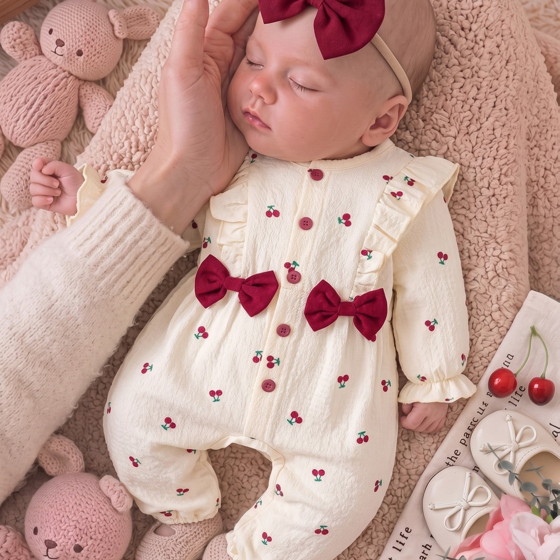 Image of Elegant And Cute Cherry-print Long-sleeved Romper For Girls, Featuring Bow Decorations, Includes A Matching Hairband, Suitable For Spring And Autumn , Perfect For Outdoor