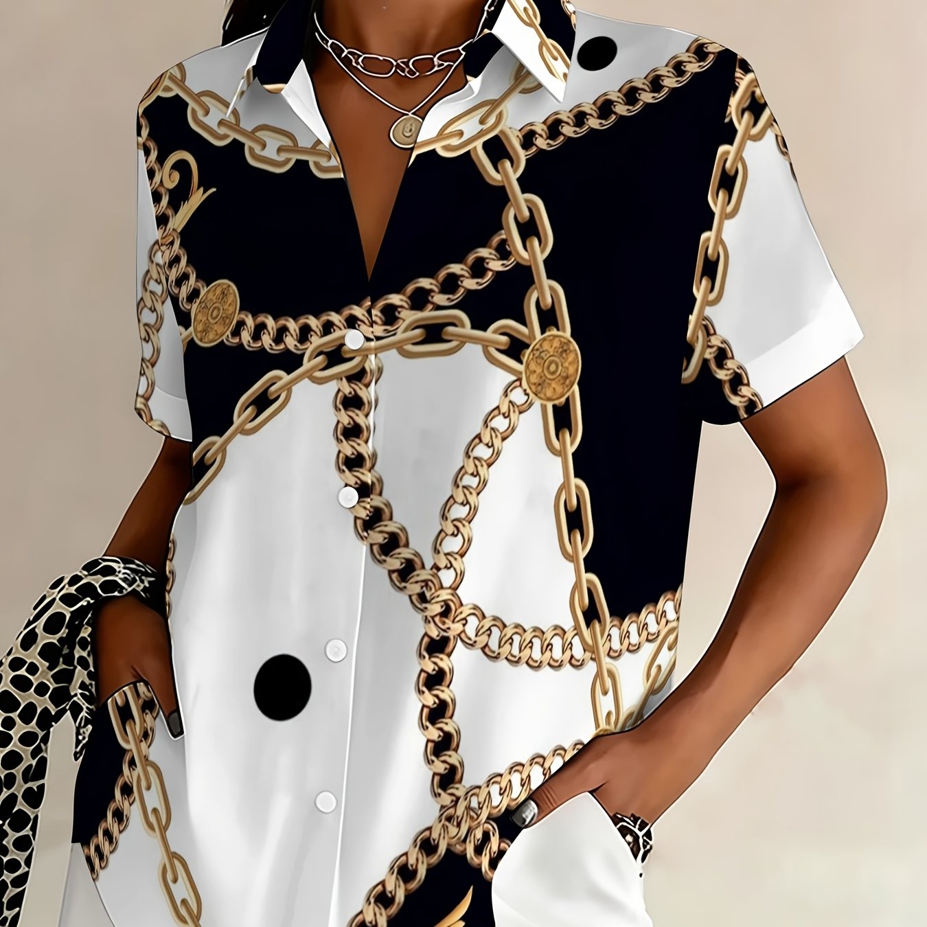 TEMU Plus Size, Plus Size Women's Casual Short Sleeve Chain Print Button-up Shirt With Fashionable Lapel Cardigan