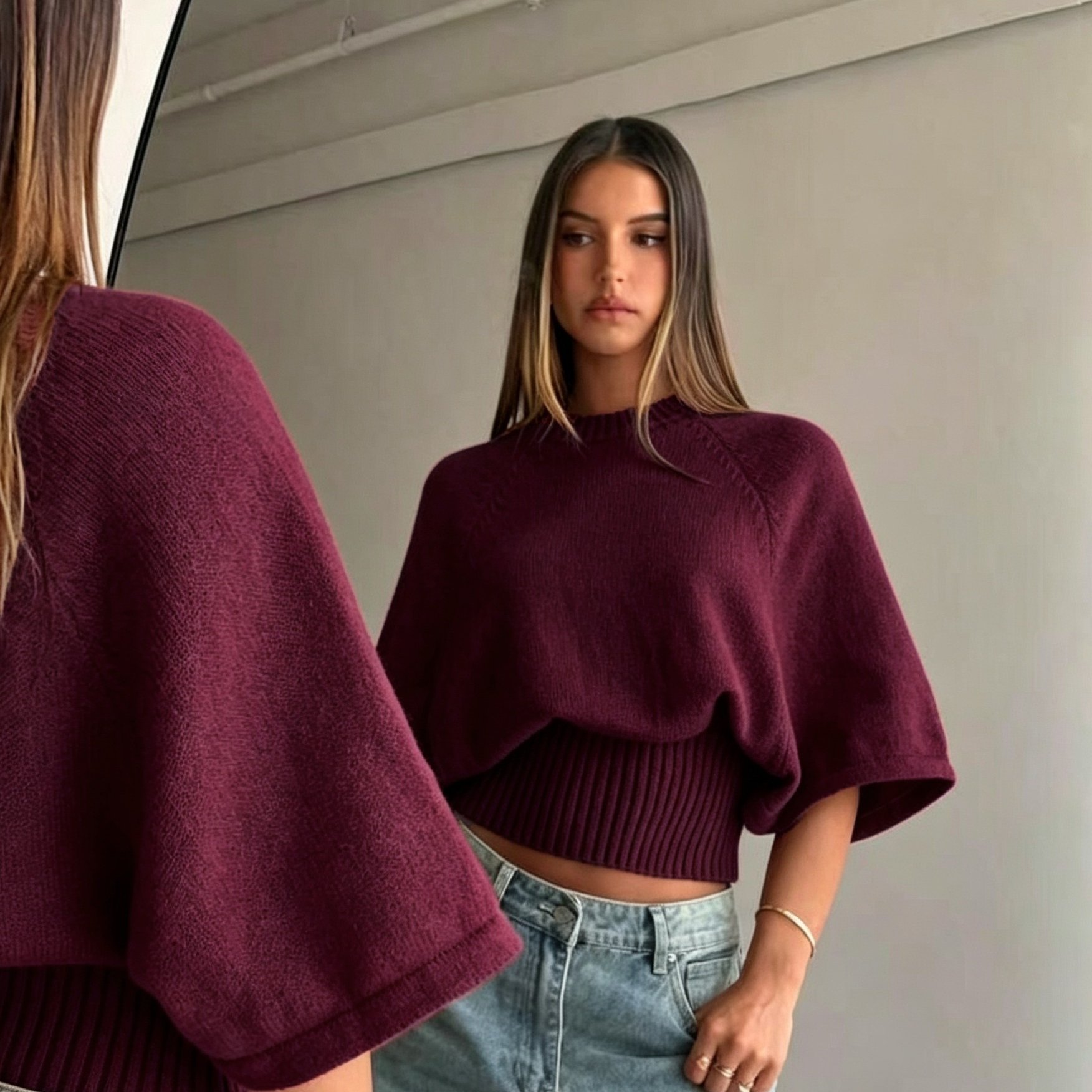 TEMU Pull style coréen uni court à manches raglan et manches mi-chauve-souris, taille haute cintrée, style , couche de base polyvalente pour les
