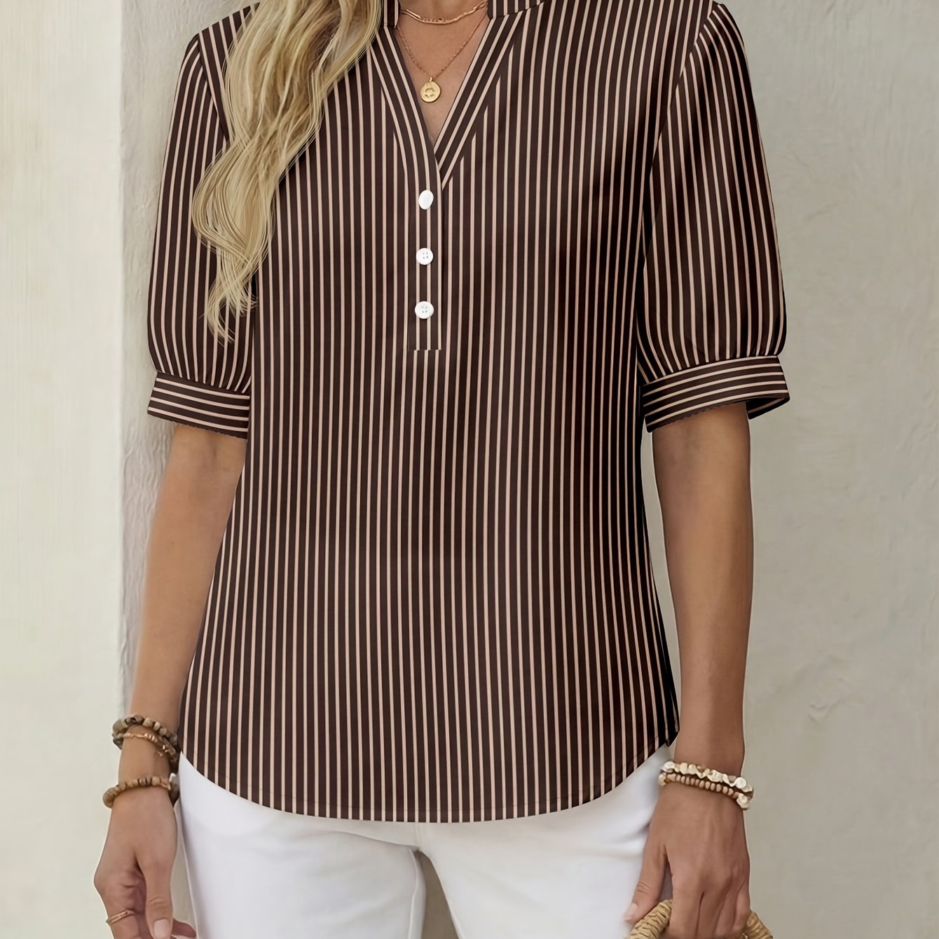 TEMU 2026 Summer Women's Elegant And Fashionable V-neck Short-sleeve Shirt Top