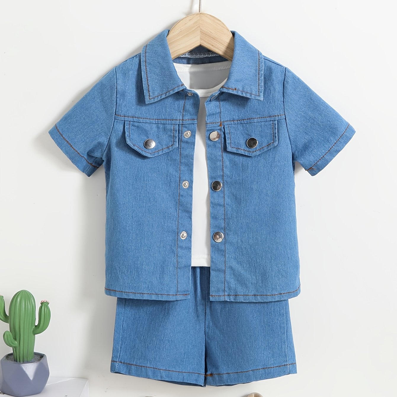 Image of Baby Boy Casual Solid Color Short-sleeved Denim Lapel Shirt+denim Shorts Set Of 2pcs, Comfortable Children's Clothing And Summer, Suitable For Outdoor Activities., Perfect For Outdoor