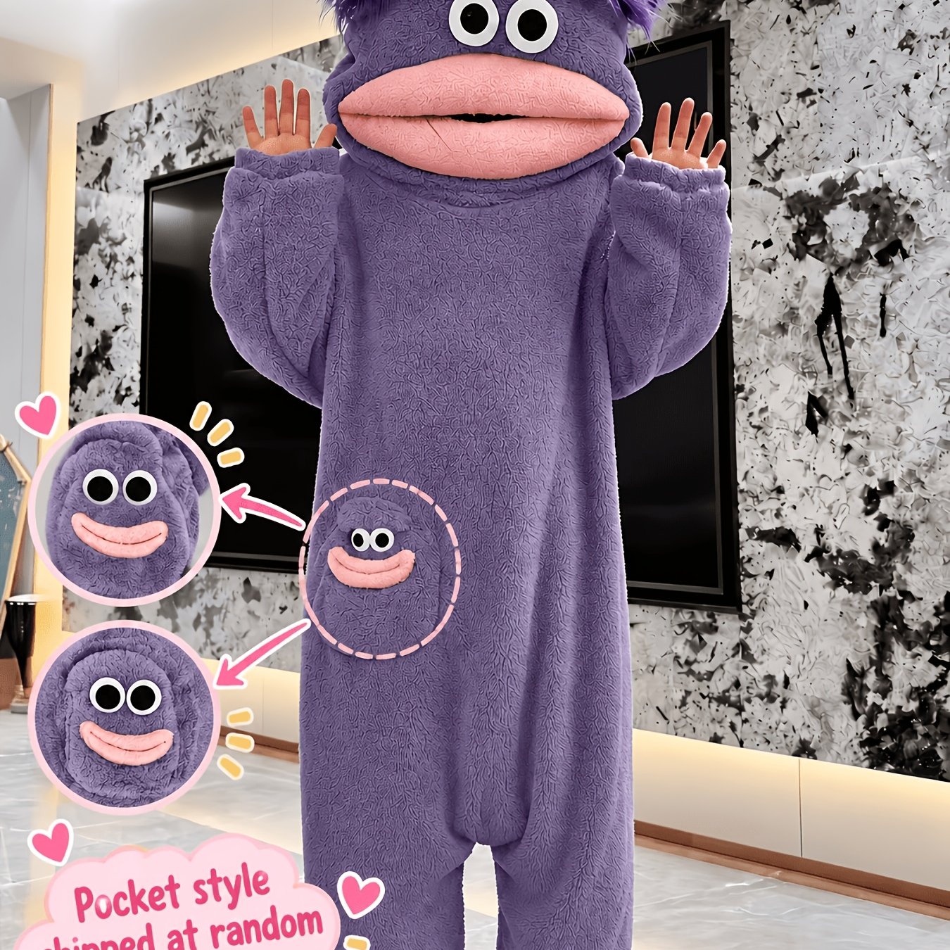 TEMU Pyjama-grenouillère fantaisie poisson-clown farceur, tenue de détente grenouillère-peignoir poisson à grande bouche en flanelle épaissie