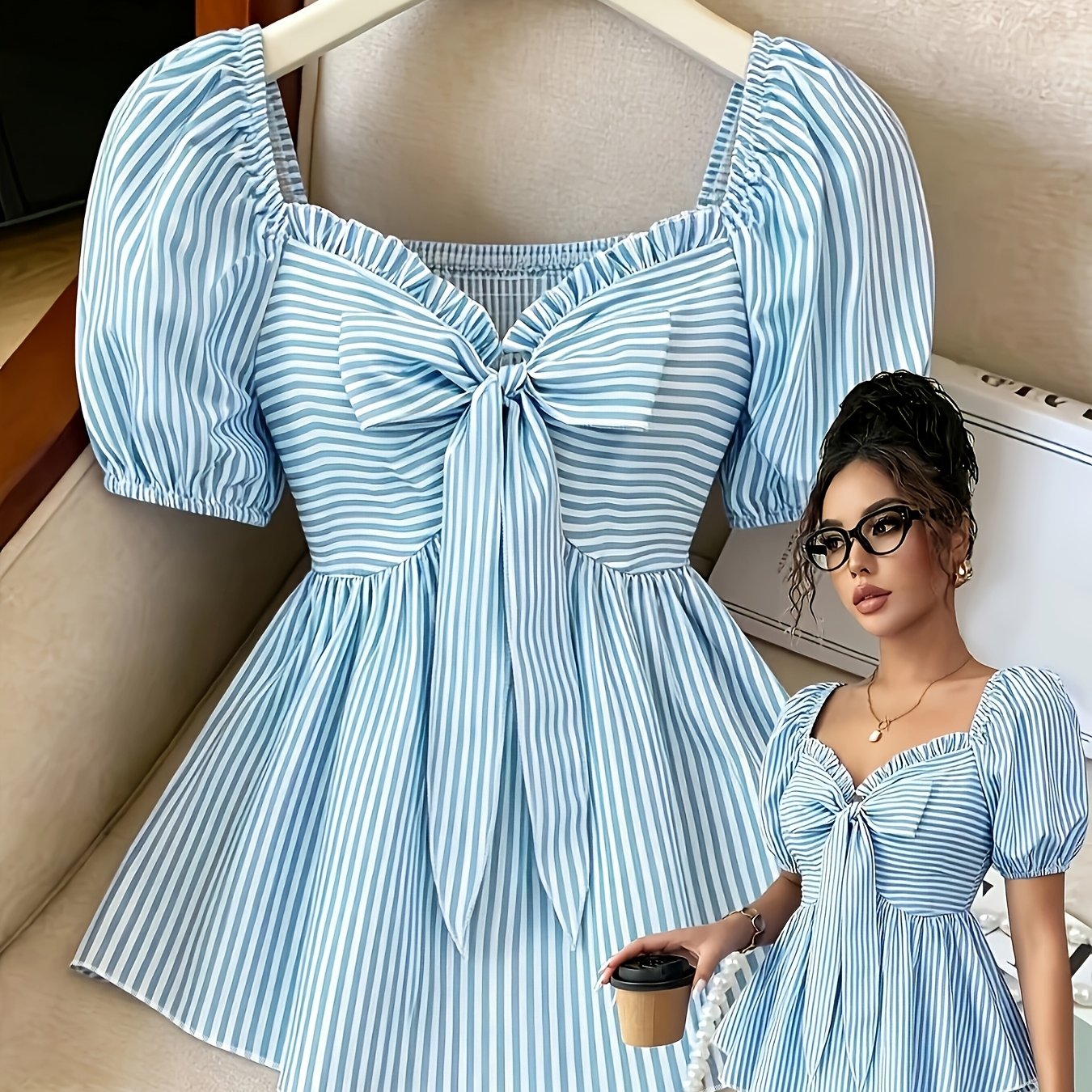 TEMU Women's Striped Bow Short-sleeve Shirt