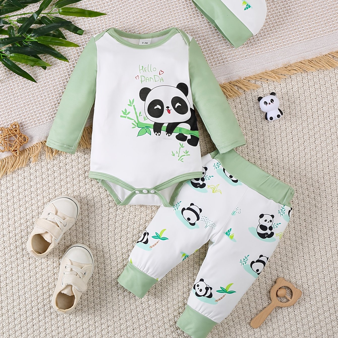 Image of Newborn Baby Boys And Girls Spring/autumn Panda Print Long Sleeve Top + Pants + Hat Lightweight Outdoor Three-piece Set, Perfect For Outdoor