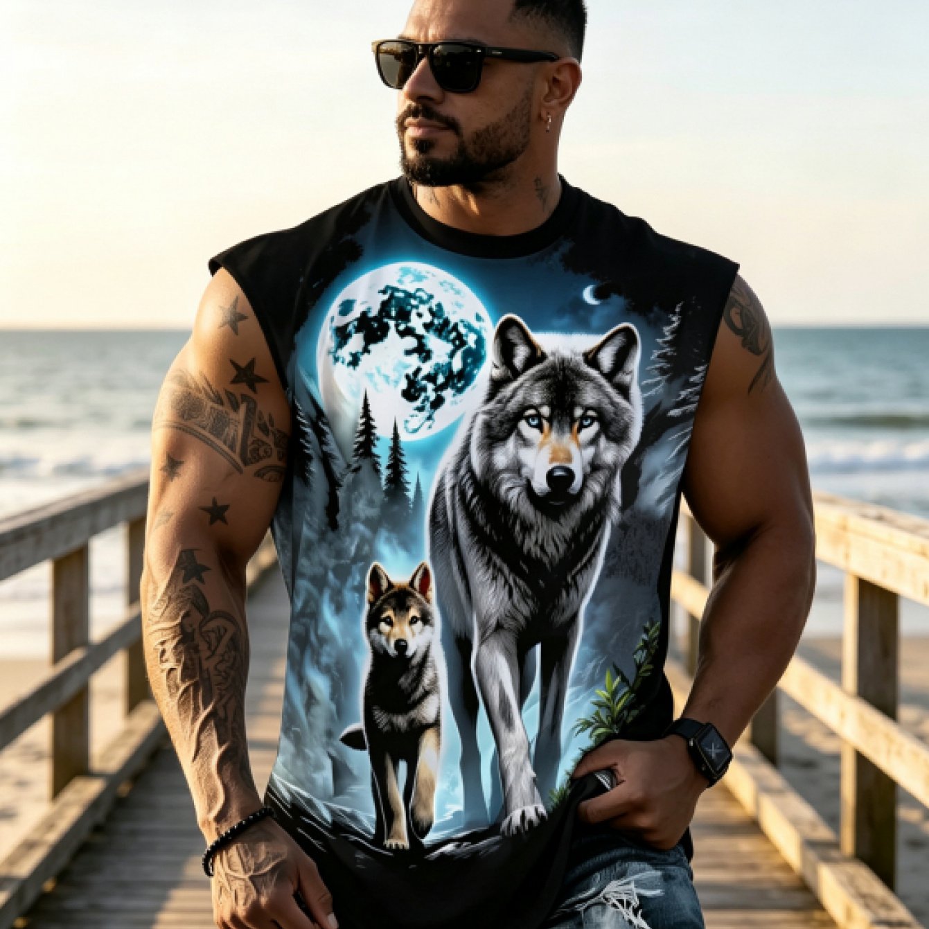 TEMU Men's Wolf And Puppy Moon Forest Print Sleeveless T-shirt, Wildlife Print Graphic Vest, Summer Casual Wear, Plus Size