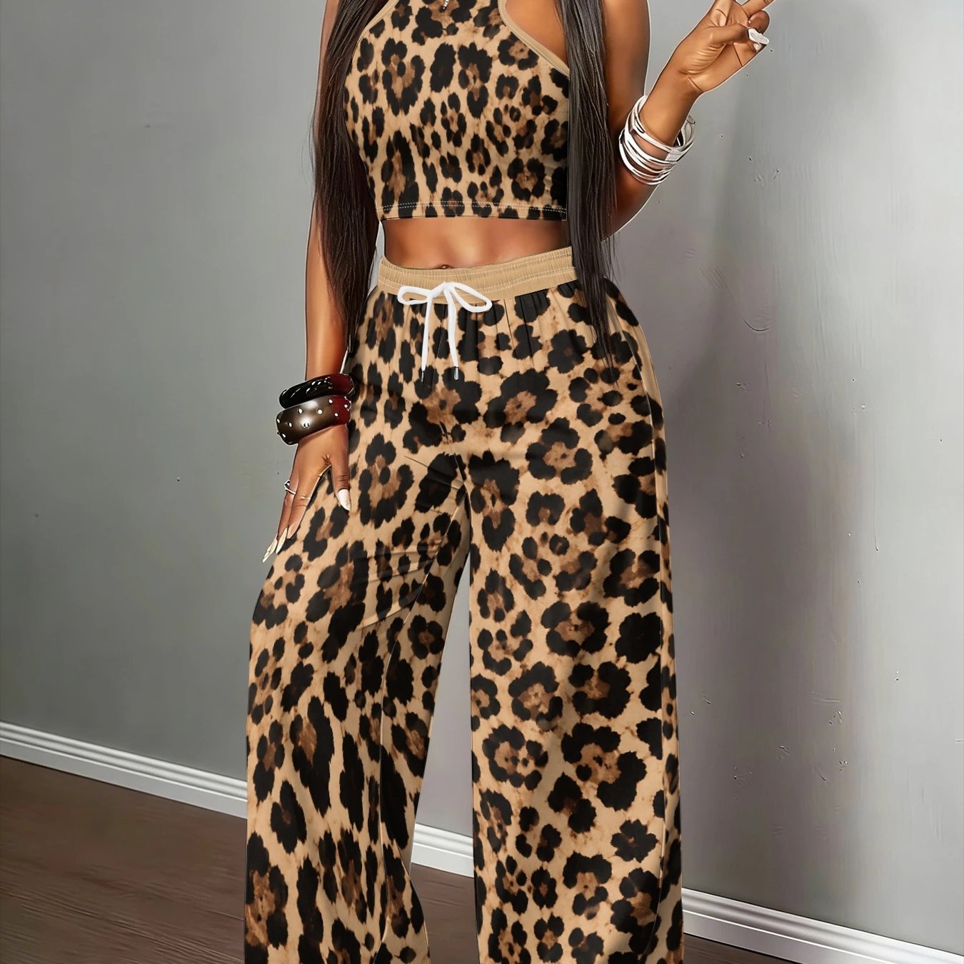 TEMU European And Classic Leopard Set: High-waist Wide-leg Pants And Hot Halter Neck Tank Top 2pcs Set