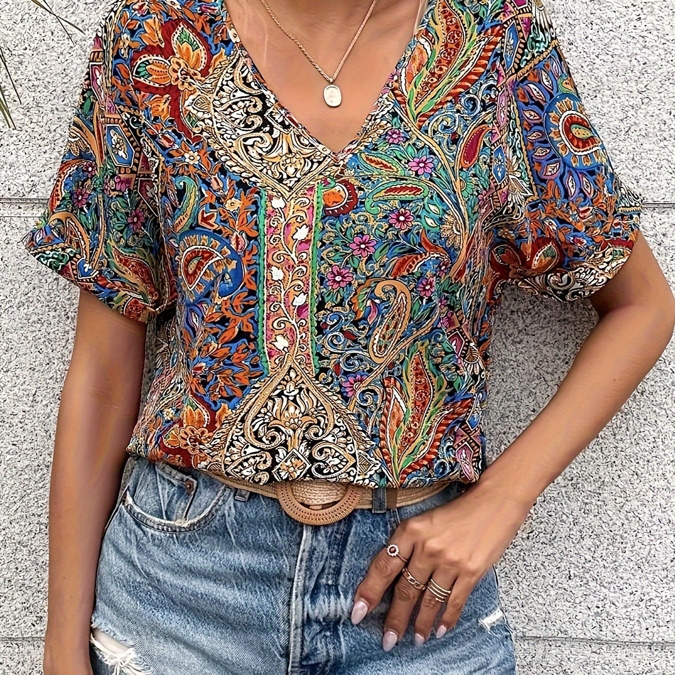 TEMU Paisley Print V-neck Loose Blouse, Vintage Short Sleeve Blouse For , Women's Clothing