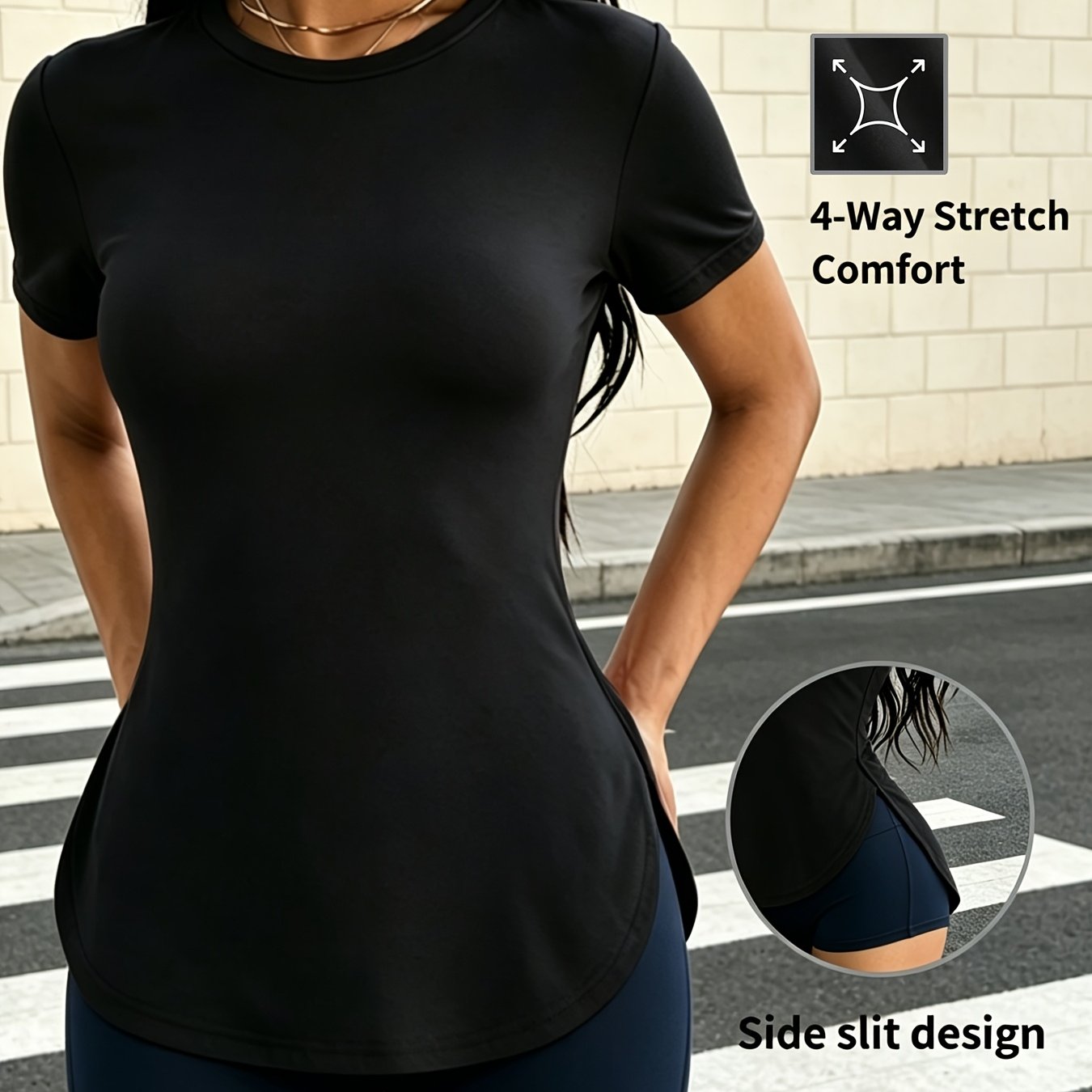TEMU T-shirt de sport extensible et coupe ajustée pour femme avec fente latérale de créateur et ourlet incurvé, col rond, pour le fitness et le yoga