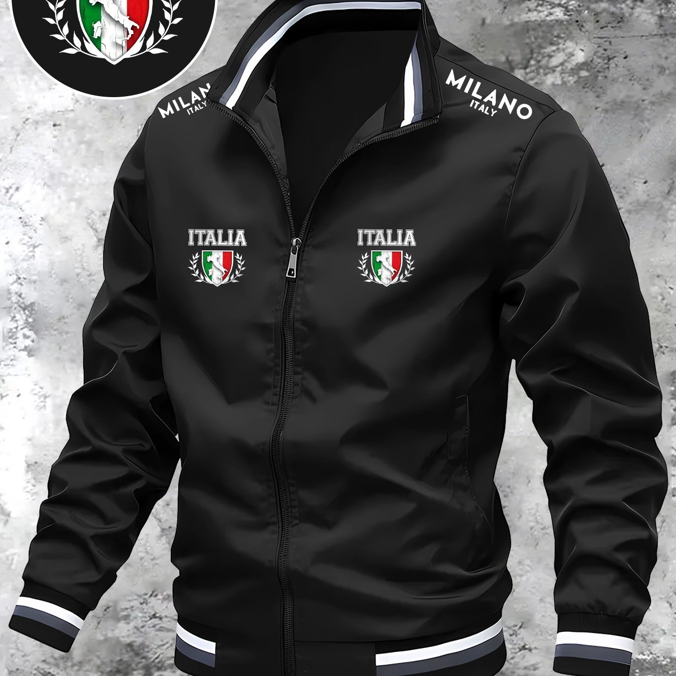 TEMU Men's Lightweight Stand-collar Casual Jacket Featuring A Print Of The Italian Flag, Made From Comfortable Fabric With A Regular Fit And Zip