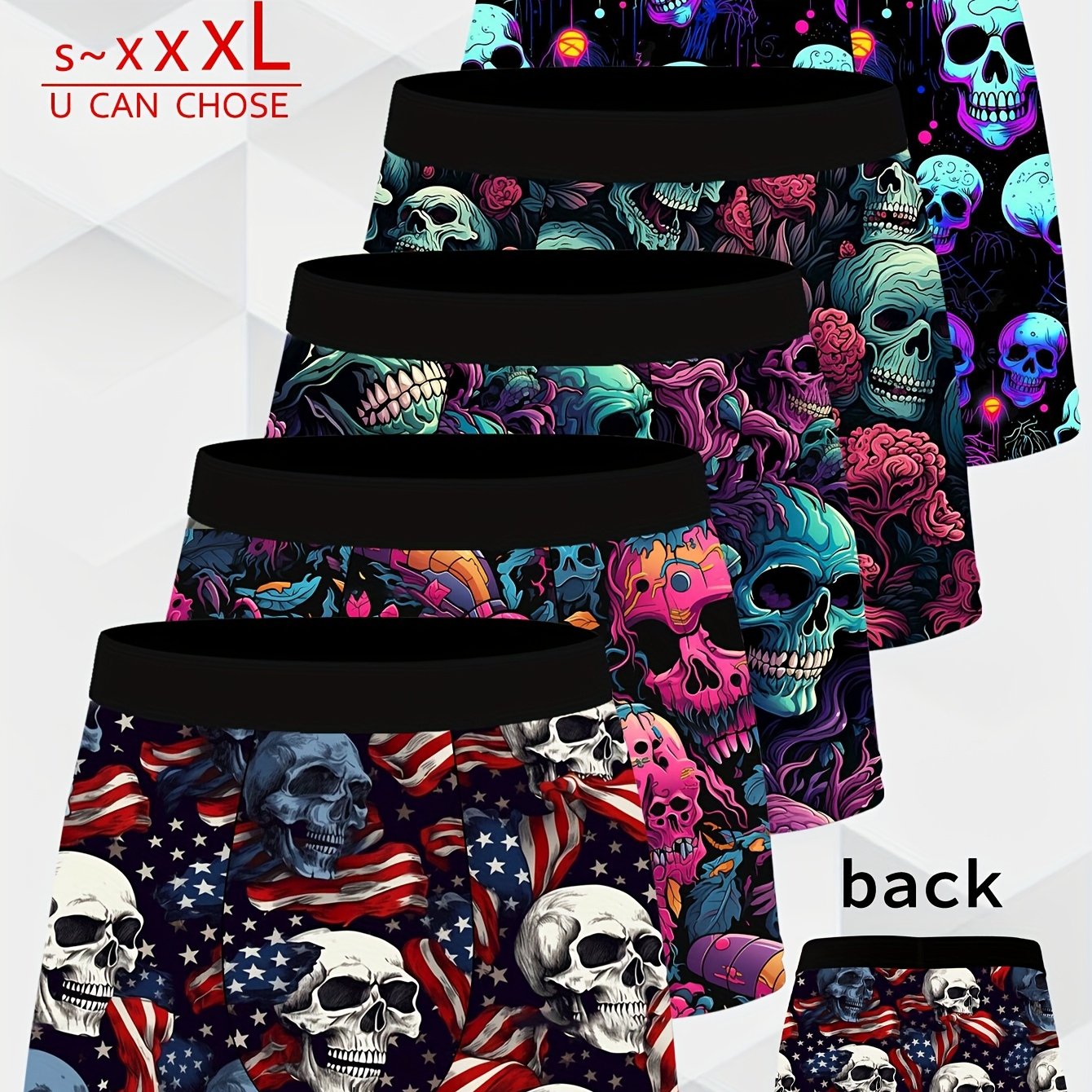 TEMU 5pcs Men's Skull Print Boxer Briefs - Quick-dry Breathable Underwear With , Soft Comfortable Briefs With Belt (waistband), Edgy Gothic For & Casual Wear - Novelty For Men