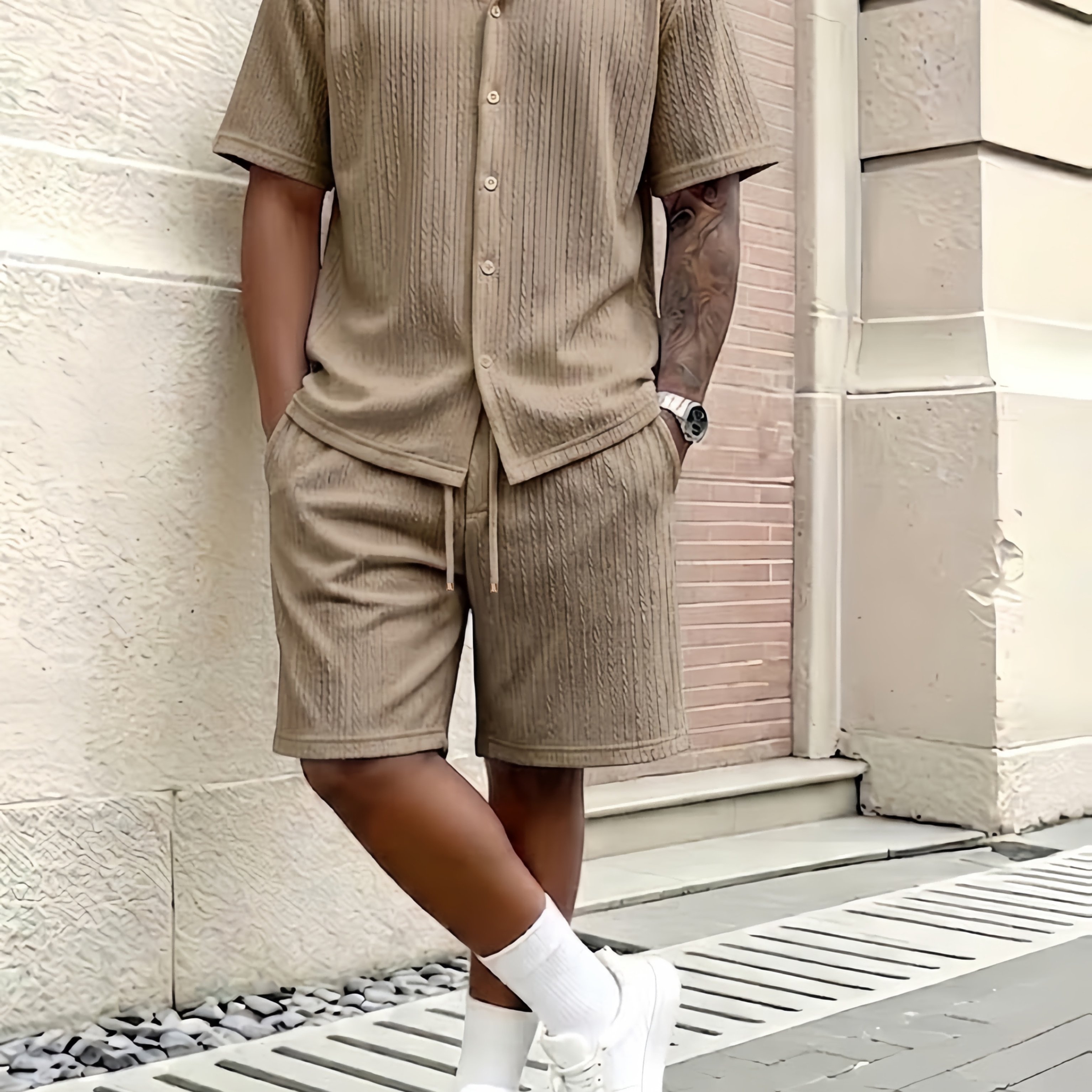 TEMU Men's Knit Pleated 2pcs Set, Short Sleeve Button-up Shirt And Elastic Drawstring Pocket Shorts, Casual Daily Beach Outfit