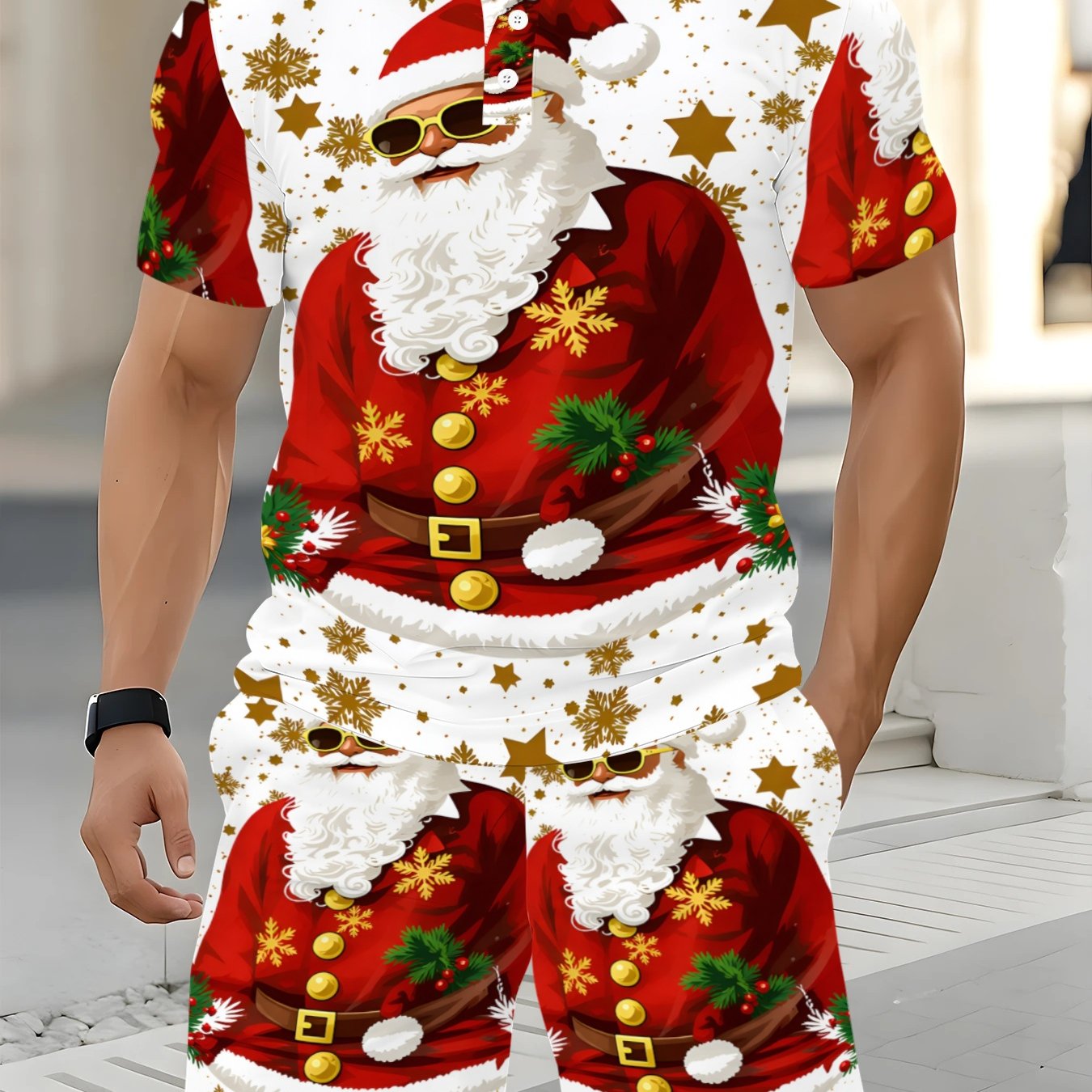 TEMU Christmas Themed Men's Beach Set, Summer Casual Shirt With Short Sleeves And Shorts, 2pcs Set, Printed Vacation Outfit