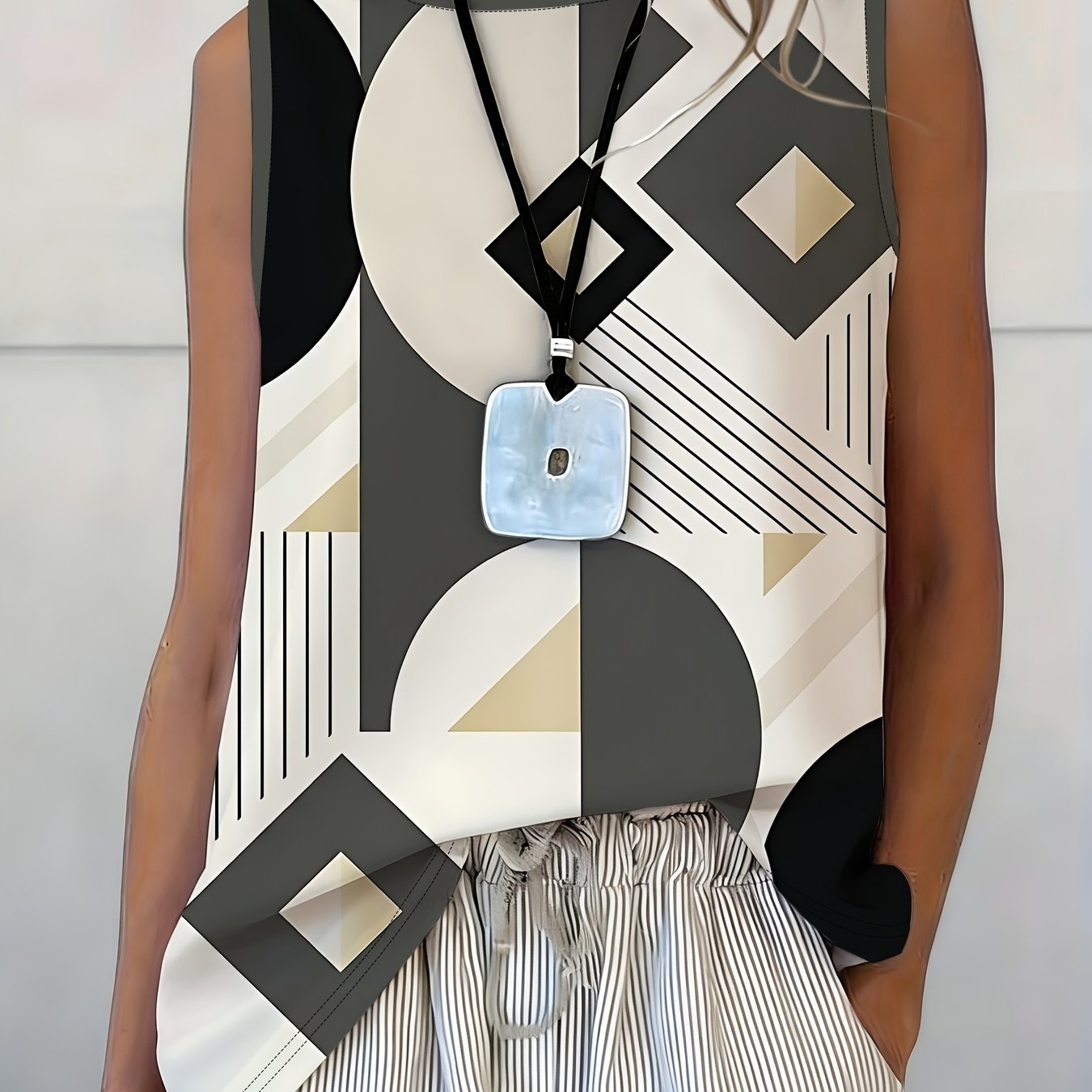 TEMU Women's Opaque Round Neck Sleeveless Tank Top - Full-body Abstract Geometric Semi-circle & Square Block -compatible For -body Suiting |