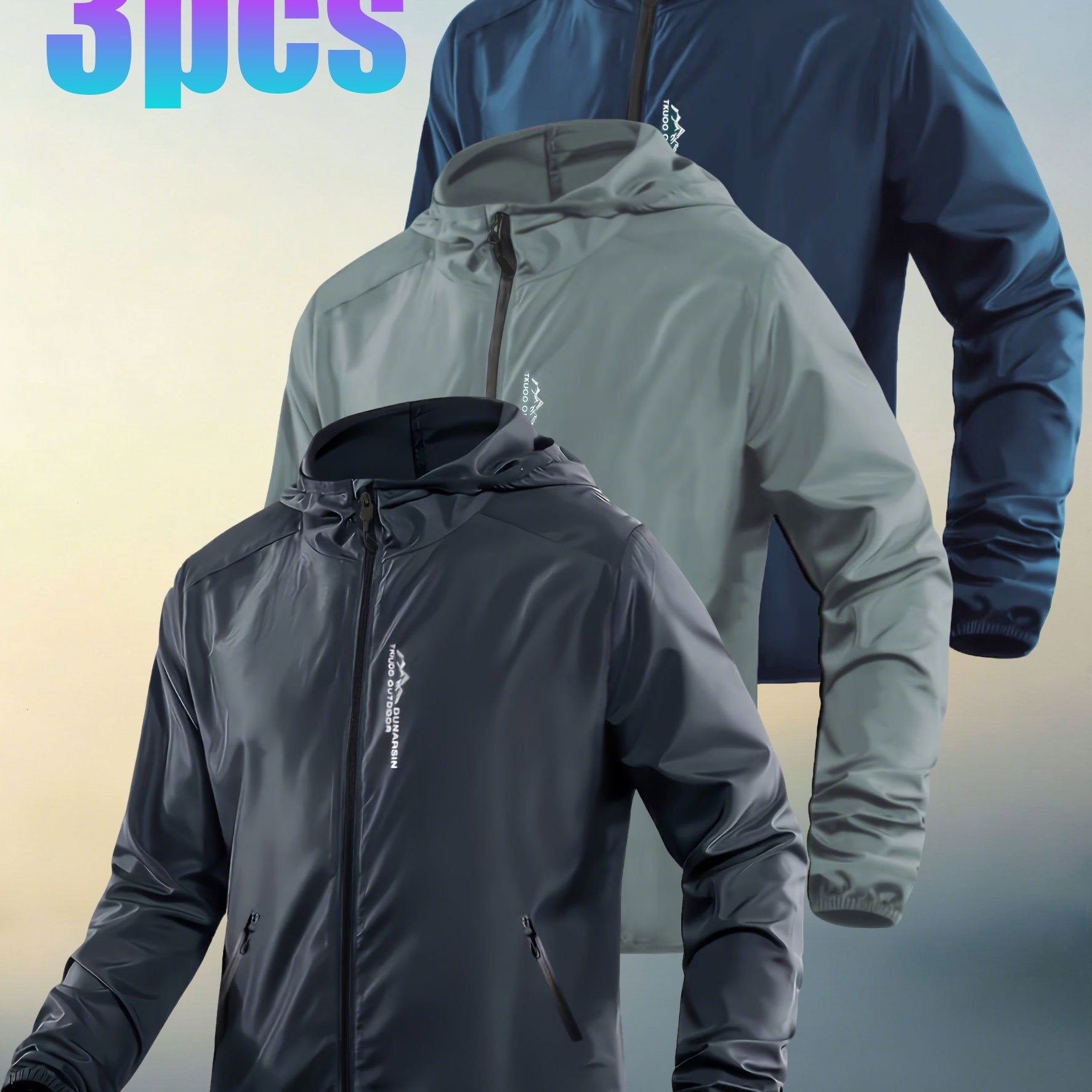 TEMU 3pcs Set - Lightweight Men's Athletic Base Layer - Quick-dry Long Sleeve Hooded Outdoor Jacket, Casual Summer Wear, Solid Color, With Zipper And