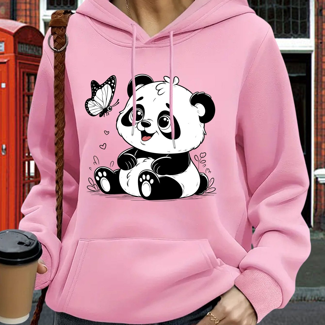 TEMU Popular Panda Cub With Heart Print Hoodie - Soft Casual Long Sleeve Pocket, Comfortable Women' Wear Clothing