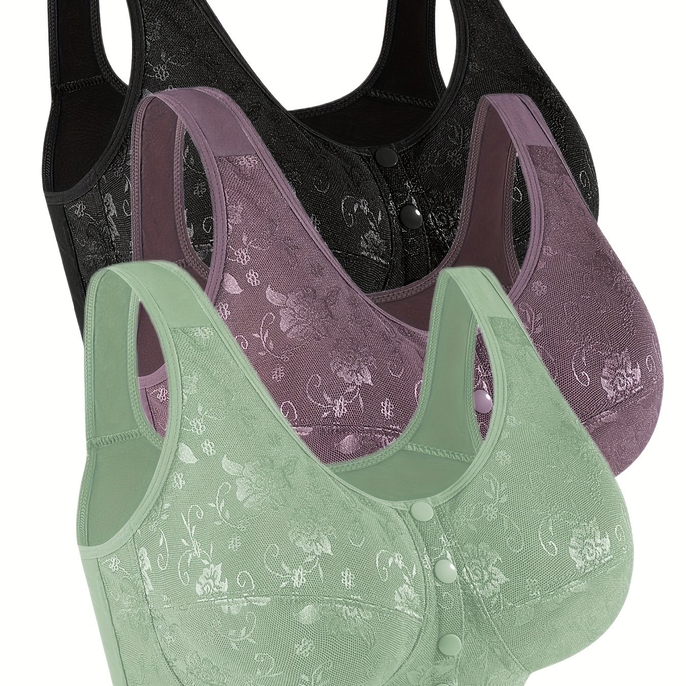 Image of 3-pack Mid-life Women's Wire-free Front-closure Lace Vest Bra, Thin Push-up Maternity Bra, No Pads, Vest Lace Bra, Thin Bra, Mom Bra, Lightweight Bra, Lightweight No Pads Bra, Stretch, , Non
