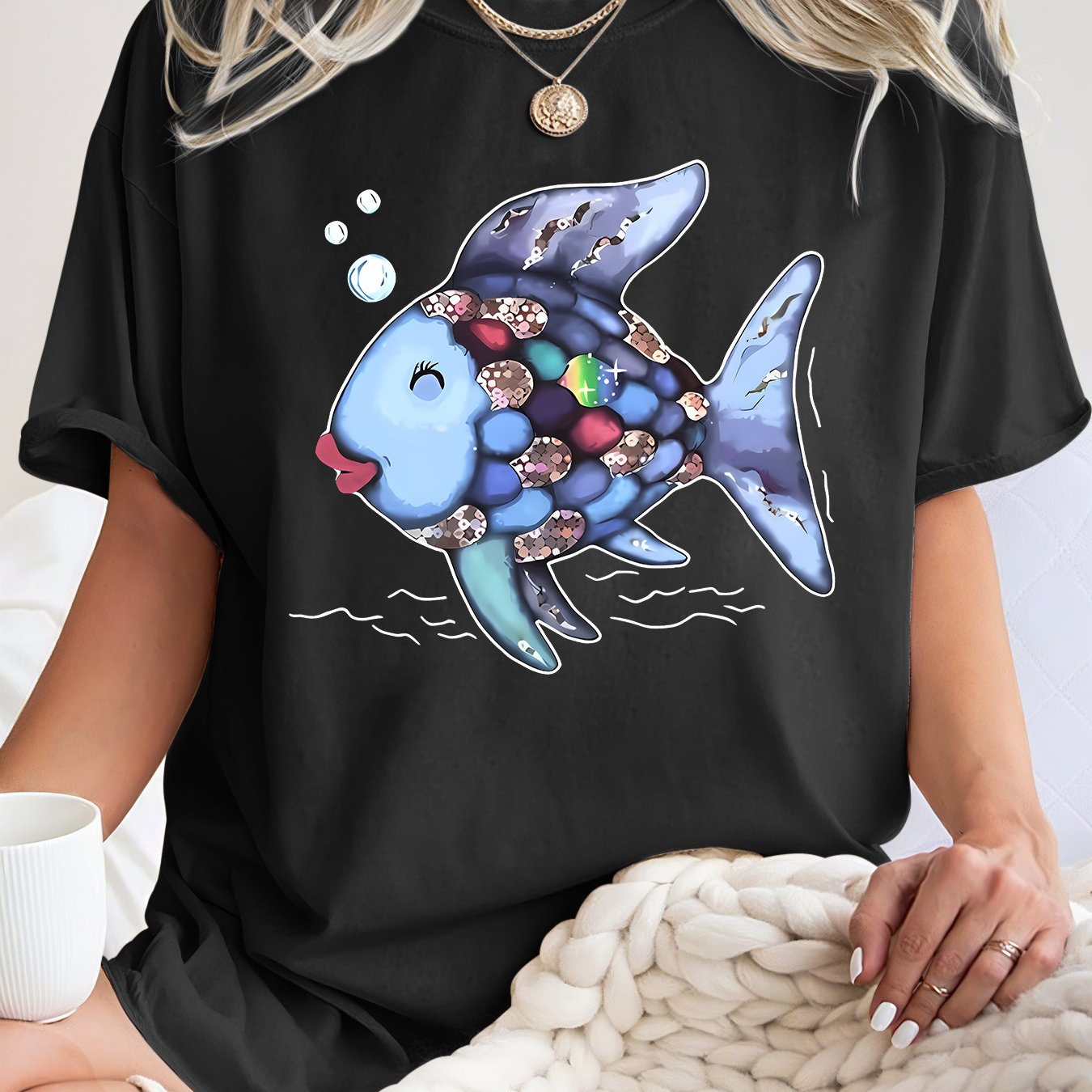 TEMU Plus Size - Print Short Sleeve, Women's Summer Top, Cute Whimsical Style Loose Round Neck Unisex T-shirt Summer Tee