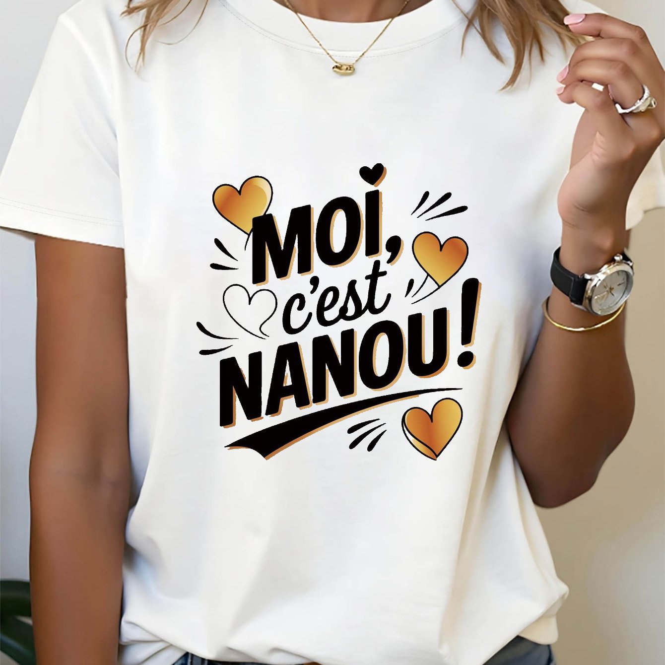 TEMU T-shirt pour femme French I Am avec décor de cœur doré et imprimé de lettres, haut décontracté à manches courtes et col ras du cou pour l'été et