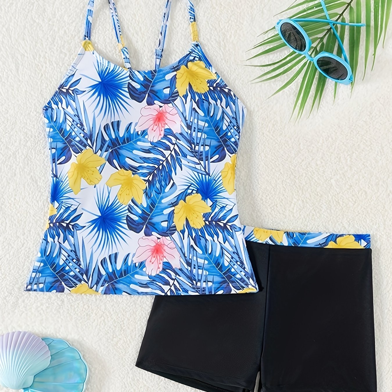 Image of Girls' 2pcs High-stretch Swimsuit, Spaghetti Strap Tropical Print Top And Bottom, For Teenager, For Teenager