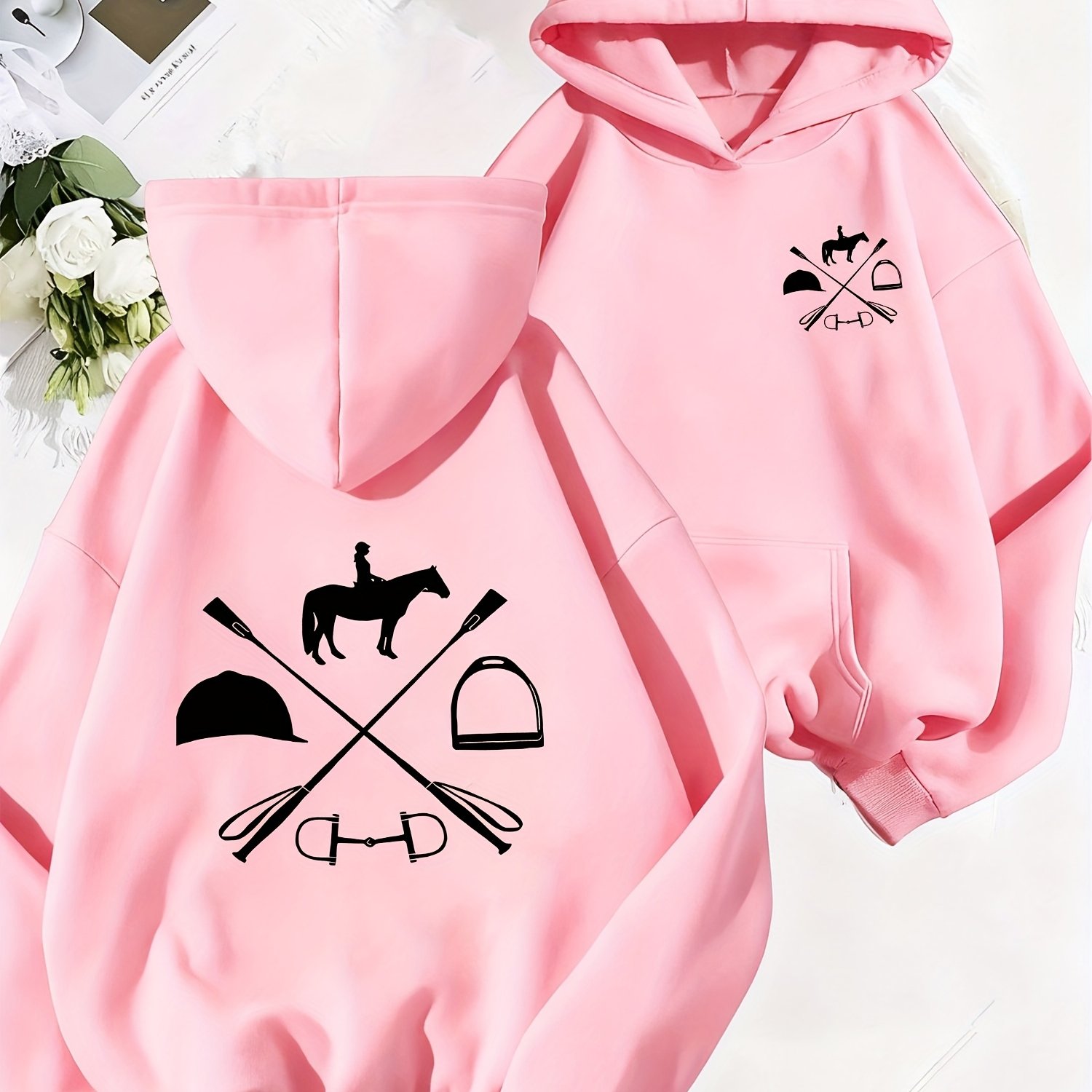 TEMU Elegant Cycling Style Women's Fleece Long Sleeve Hoodie With Kangaroo Pocket - Featuring Equestrian , Machine Washable, Comfortable And Relaxed