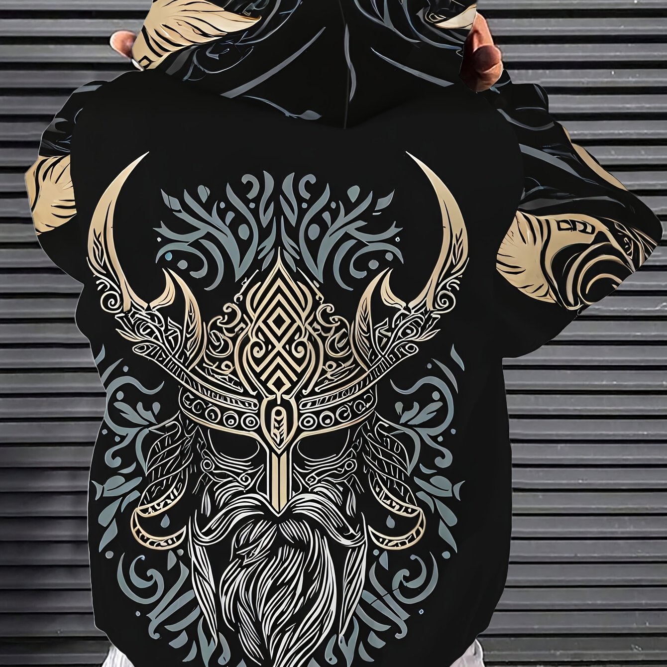 TEMU Viking Helmet Hooded Sweatshirt With Printed Viking Helmet And Bird Emblem Pocket - Golden Medieval Design, Casual, Suitable For Nordic Apparel,