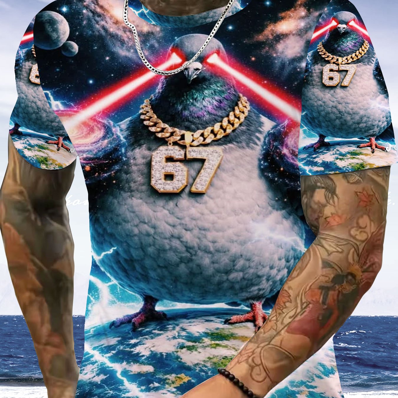 TEMU Men's 3d Polyester T-shirt With Cool Pigeon Graphic, Hip Hop Style Oversized Tee With Laser Bird Print, Streetwear Top For Daily Wear, Music